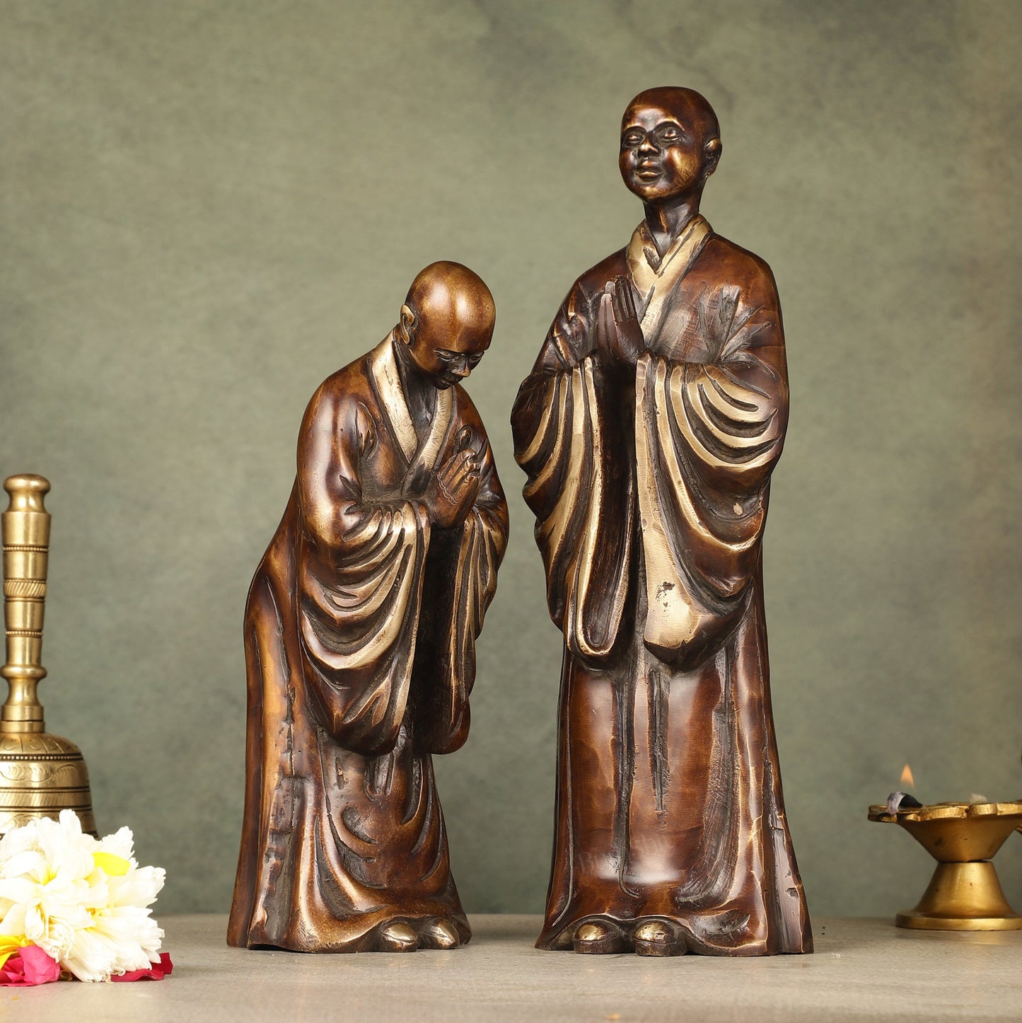 Pure Brass Peaceful Buddha Monk and Disciple Idol Set - 12 Inch - Sama Homes Idol - Brass Sculpture
