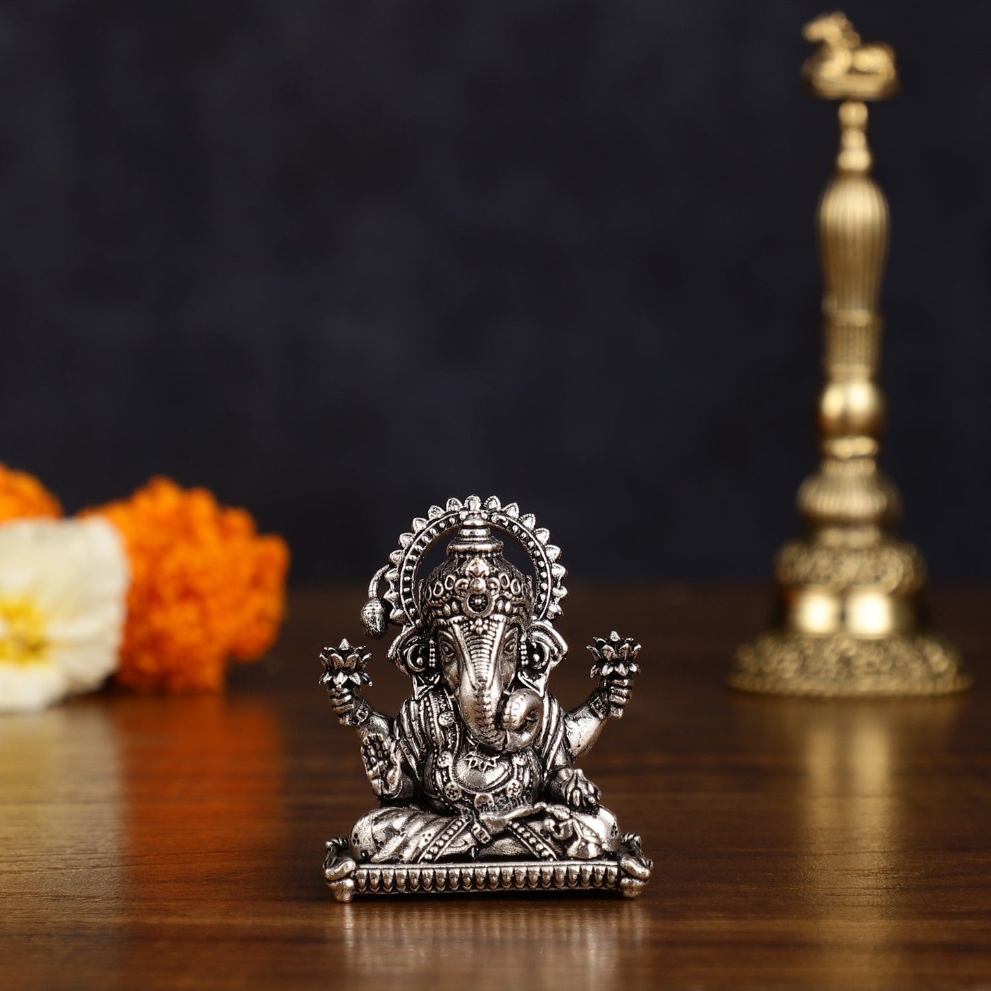 Brass silver plated Miniature Dagduseth Ganapati Idol - 2 Inch | 100% Certified Copper & Brass - Sama Homes Idol - Brass Sculpture