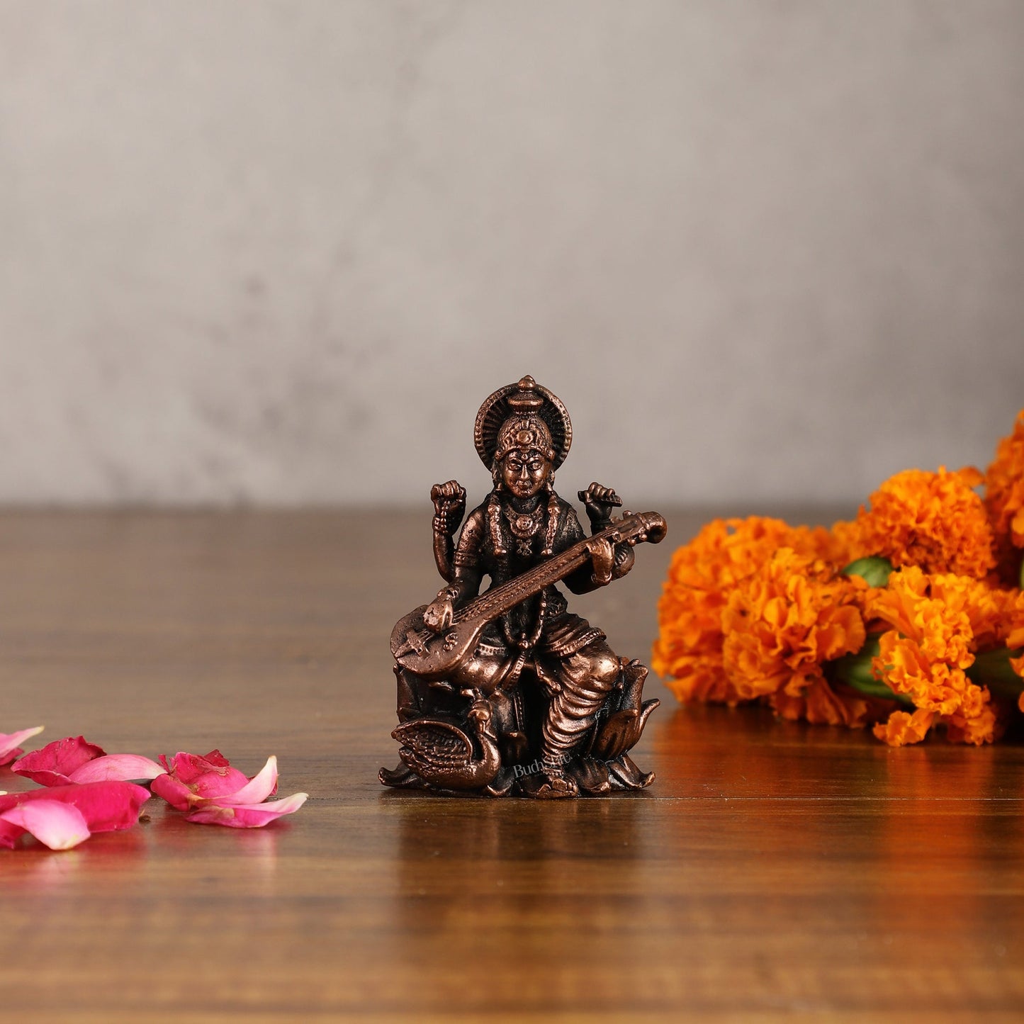 Pure Copper Saraswati on Lotus Idol | 3" - Sama Homes Idol - Brass Sculpture