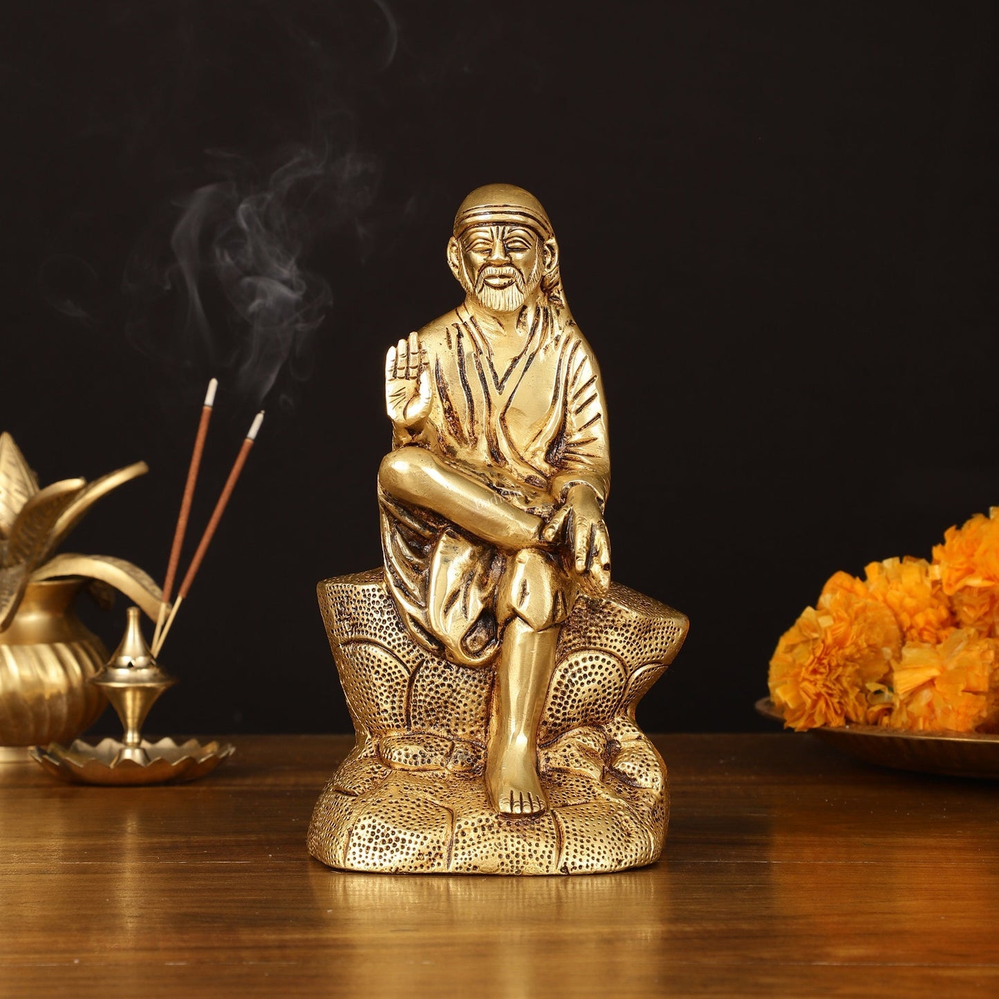 Brass Superfine Sai Baba Idol - 8.5" Divine Sculpture - Sama Homes Idol - Brass Sculpture