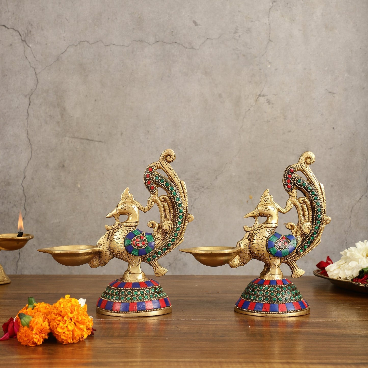 Peacock Brass Oil Lamps | 8 inches Meenakari Stonework 8"