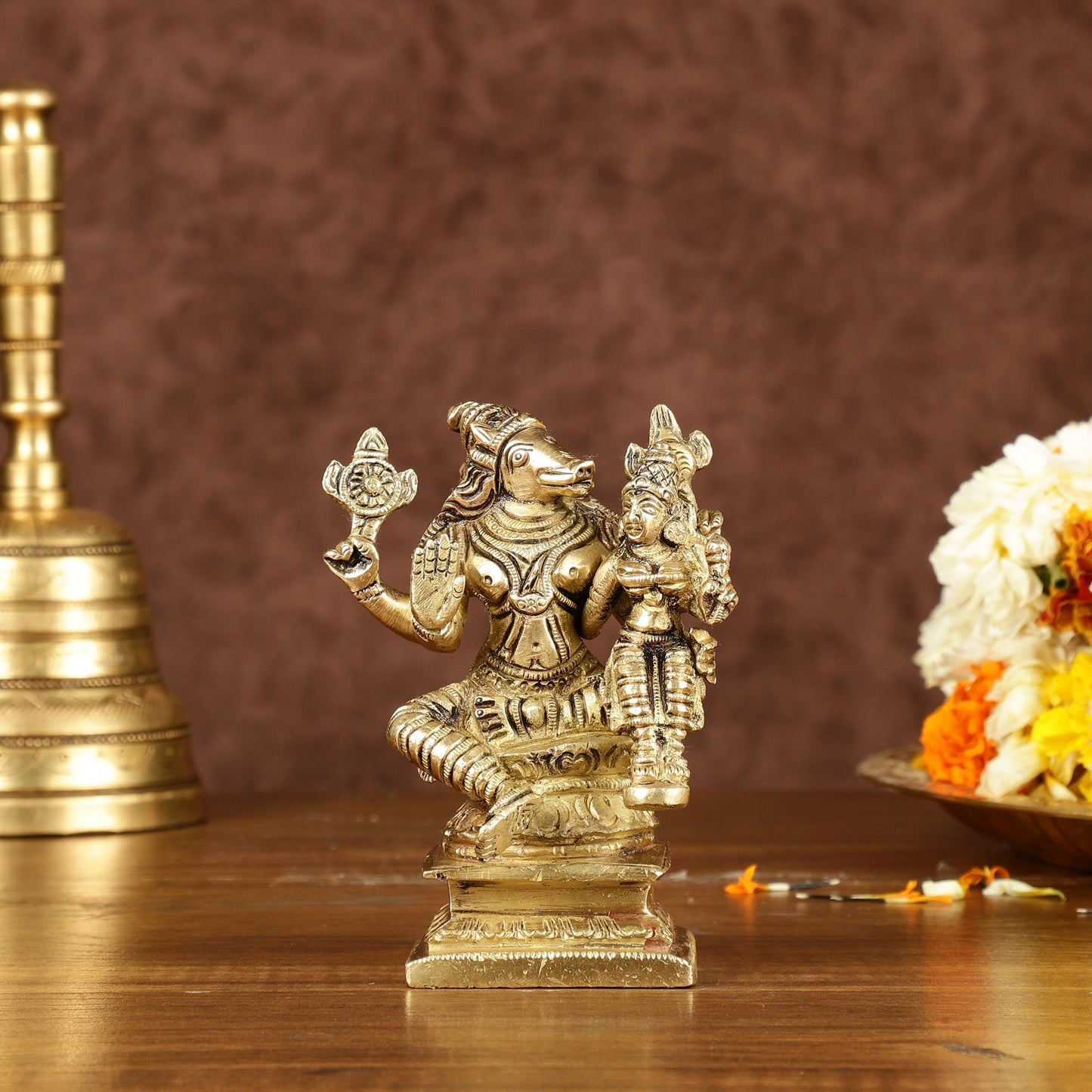Exquisite Brass Varaha Lakshmi Idol | Height: 4 inch - Sama Homes Idol - Brass Sculpture
