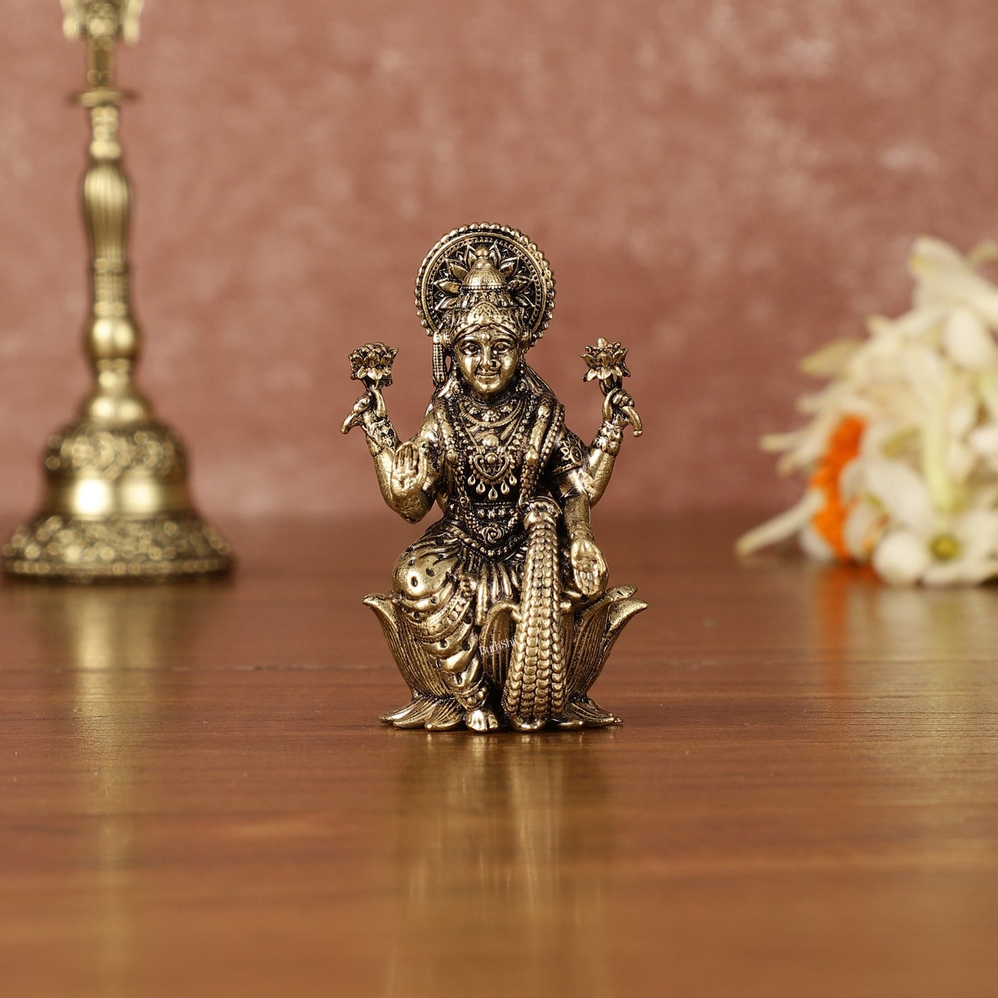 Pure Brass Superfine Small Goddess Lakshmi Idol - 2.5" Tall - Sama Homes Idol - Brass Sculpture