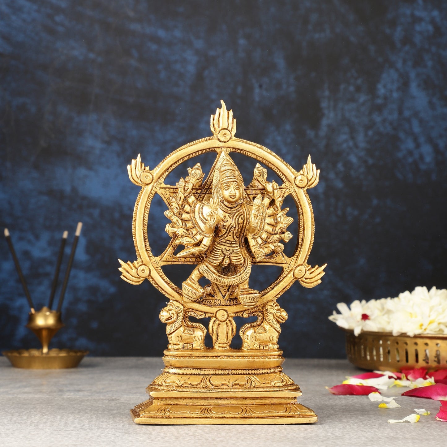 Brass Sudharashna Chakara Vishnu and Narsimha Chakrathazhwar 6" | 100% Certified Copper & Brass - Sama Homes Idol - Brass Sculpture