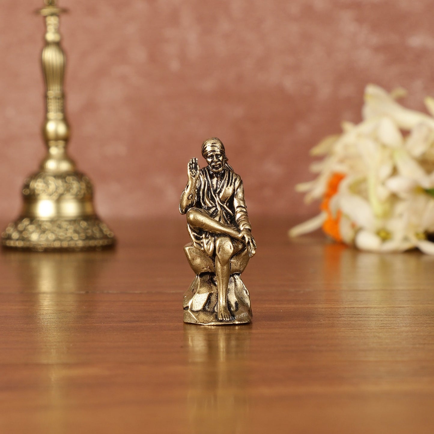 Pure Brass Superfine Miniature Sai Baba Idol - Intricately Carved - 2" Tall - Sama Homes Idol - Brass Sculpture