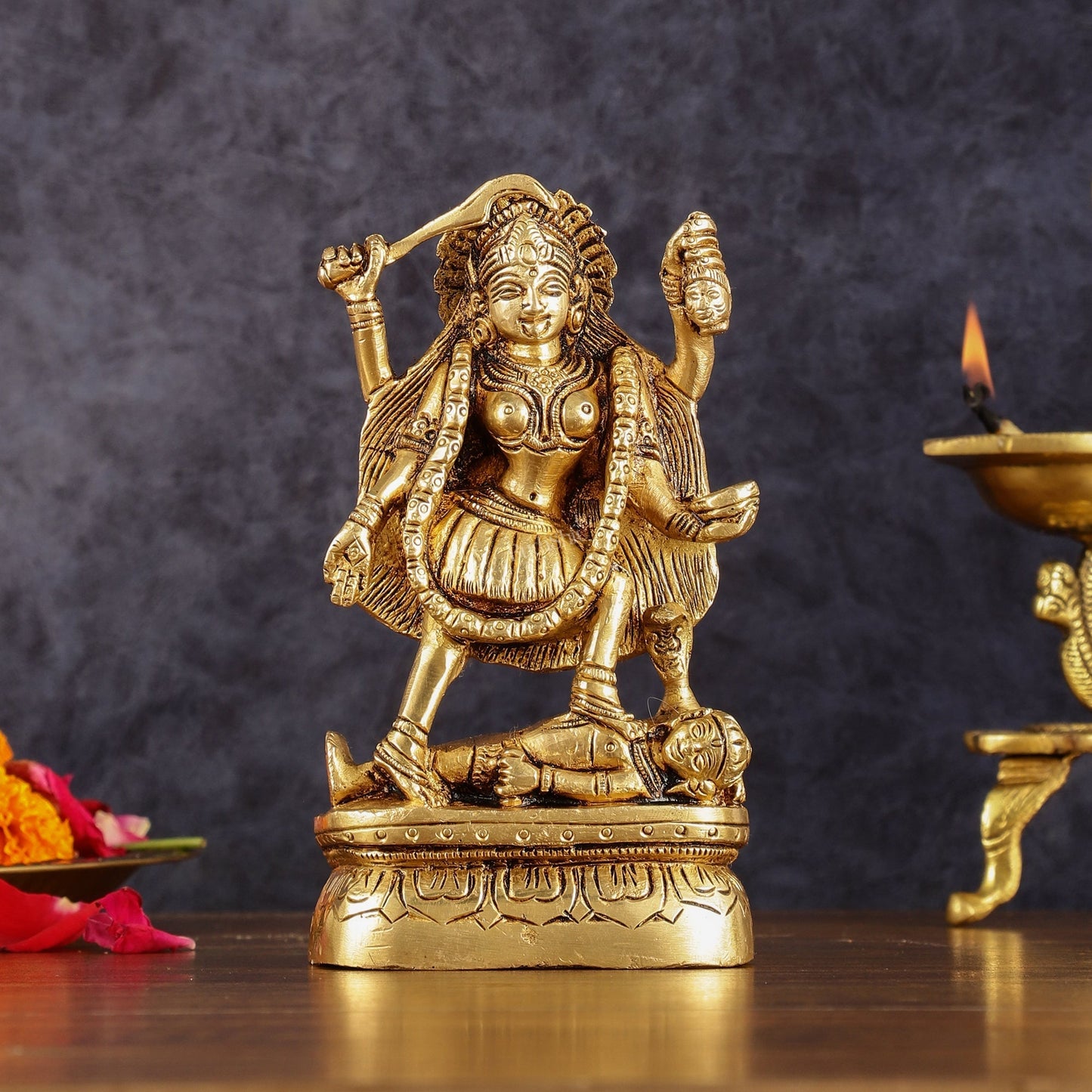 Brass kali mata idol with four arms 7 inch | 100% Certified Copper & Brass - Sama Homes Idol - Brass Sculpture