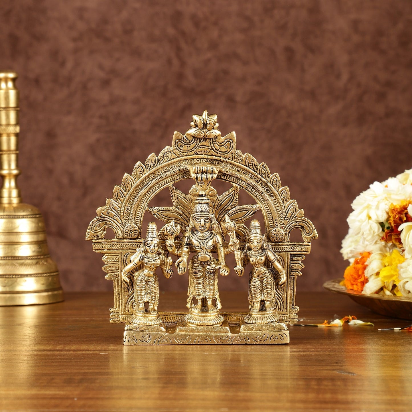 Divine Pure Brass Tirupati Balaji with Bhudevi and Sridevi Set with Thiruvarchi | Height: 5.5 inch - Sama Homes Idol - Brass Sculpture