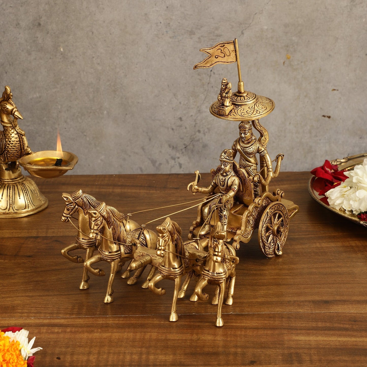 9.5 Inch Brass Geeta Updesh Krishna and Arjun Rath Idol | 100% Certified Copper & Brass - Sama Homes Idol - Brass Sculpture