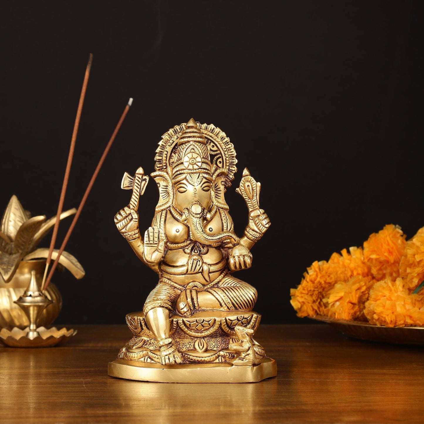 Brass Superfine Ganesha Idol - 7" Elegant Sculpture | 100% Certified Copper & Brass - Sama Homes Idol - Brass Sculpture