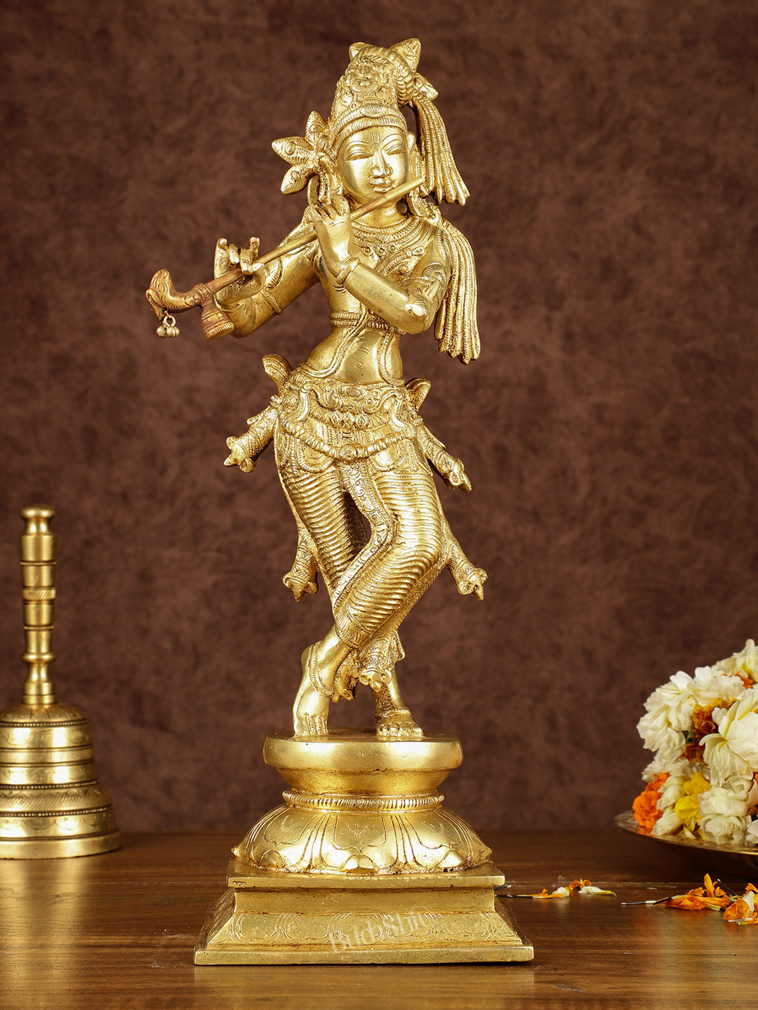 Brass Superfine Lord Krishna with Unique Crown Idol | Height: 14.5 inch - Sama Homes Idol - Brass Sculpture