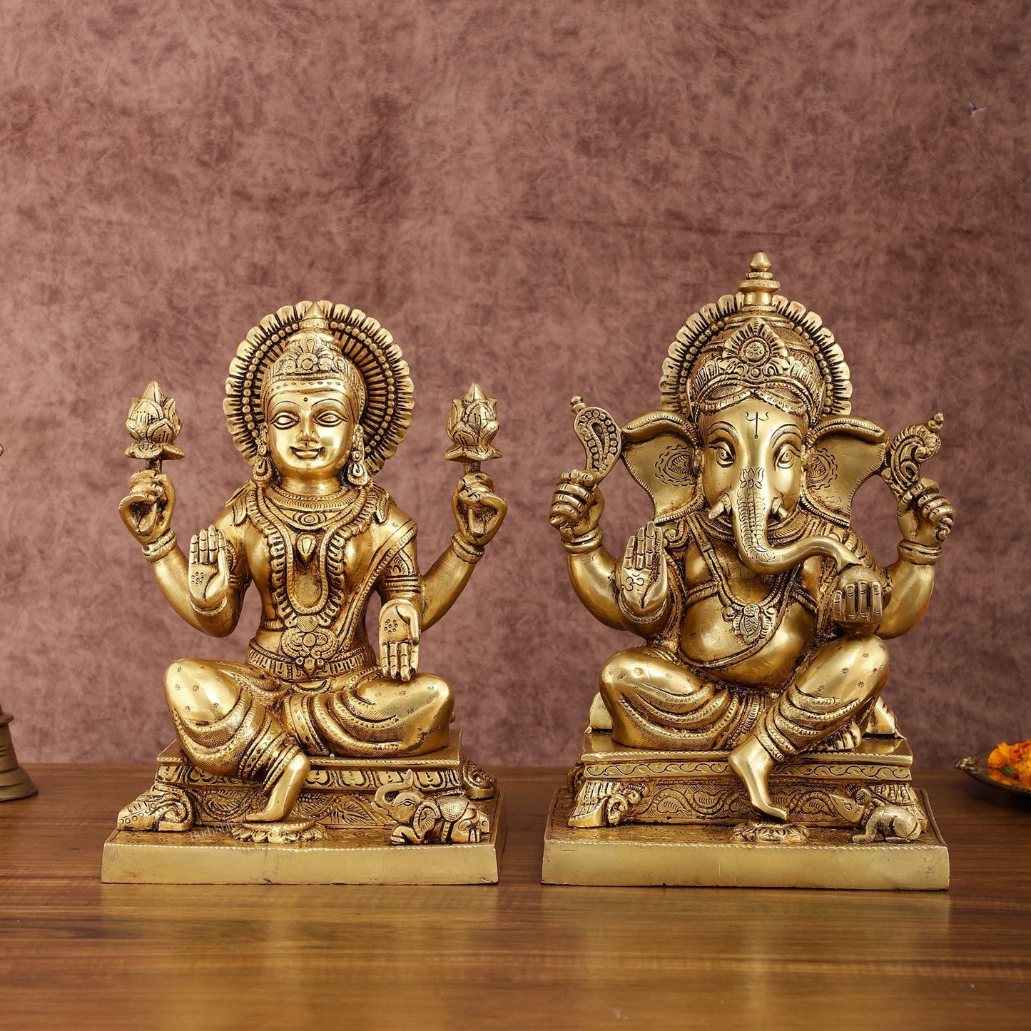 Pure Brass Ganesha Lakshmi Statue Set | Divine Duo 12 Inches - Sama Homes Idol - Brass Sculpture