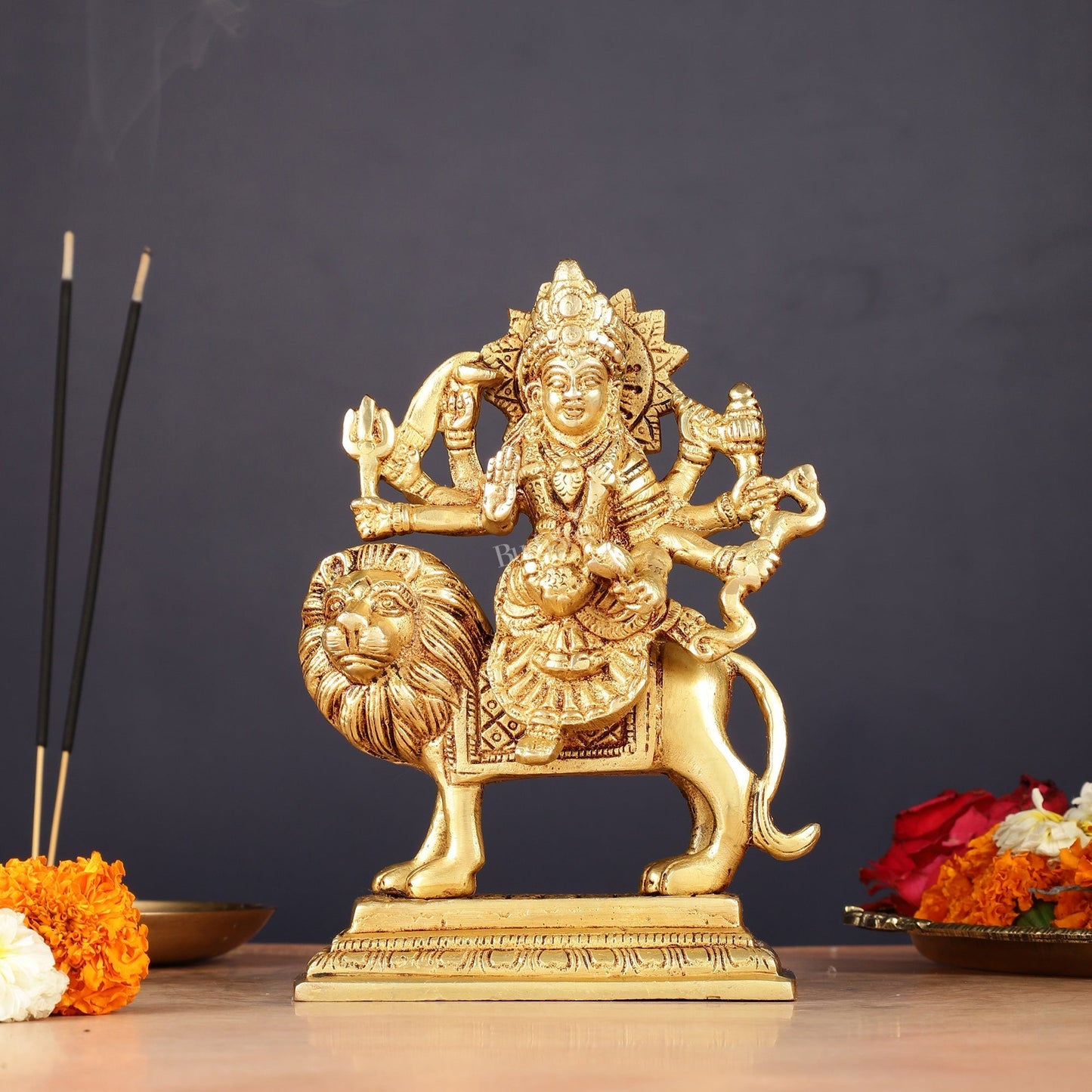 Handmade Brass Durga Ma Sherawali Idol 7" - Sama Homes Idol - Brass Sculpture