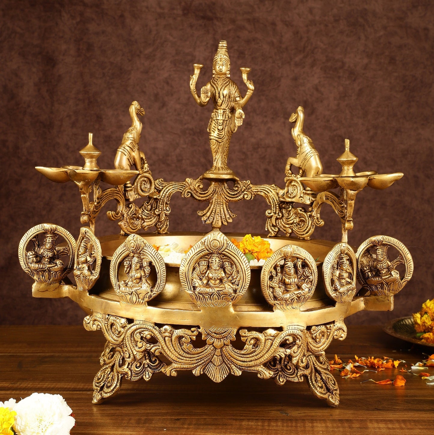 Handcrafted Ashtalakshmi Brass Urli with Diyas | Height: 16 Inch - Sama Homes Idol - Brass Sculpture