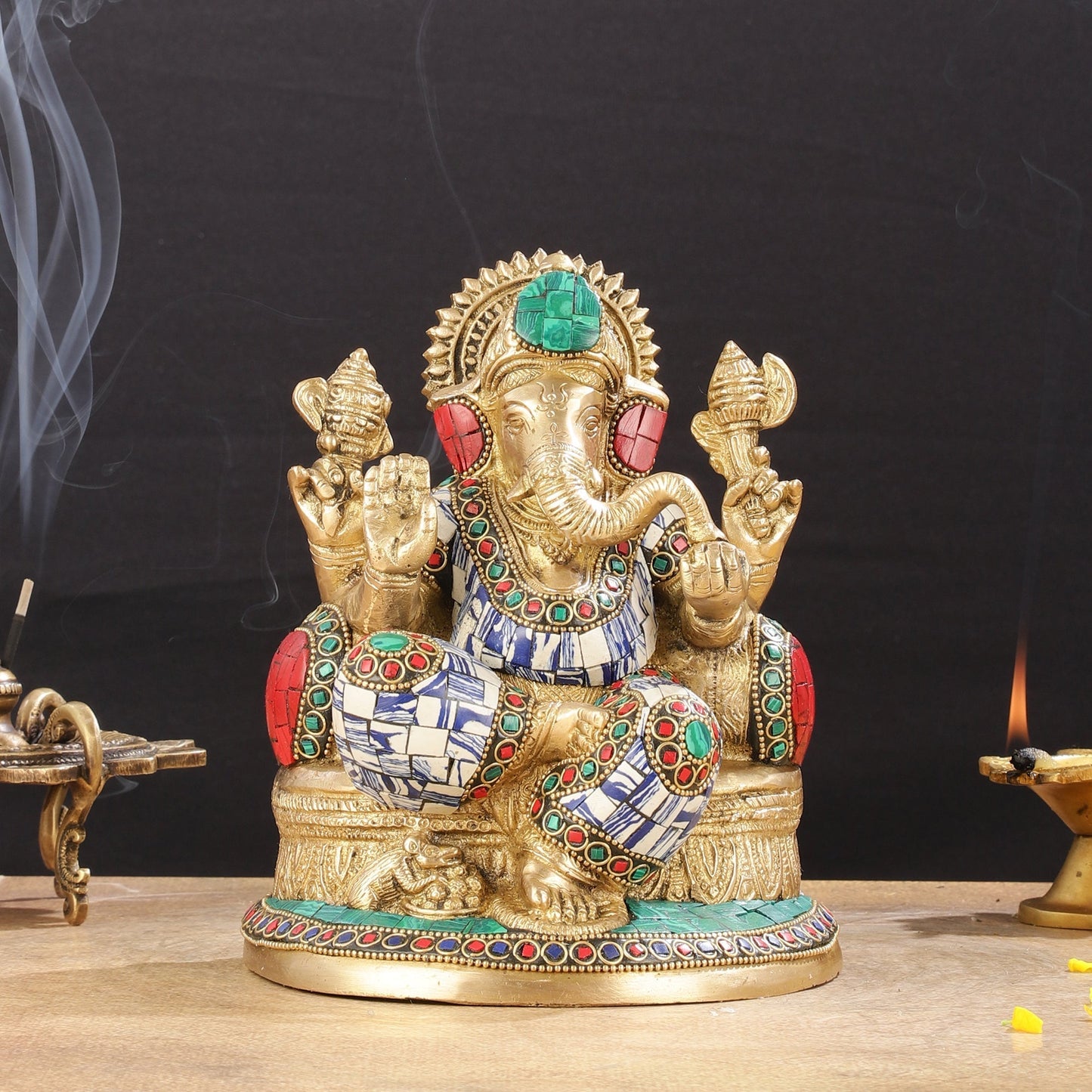 Pure Brass Lord Ganesha Statue with Mosaic work 8 inch - Sama Homes Idol - Brass Sculpture