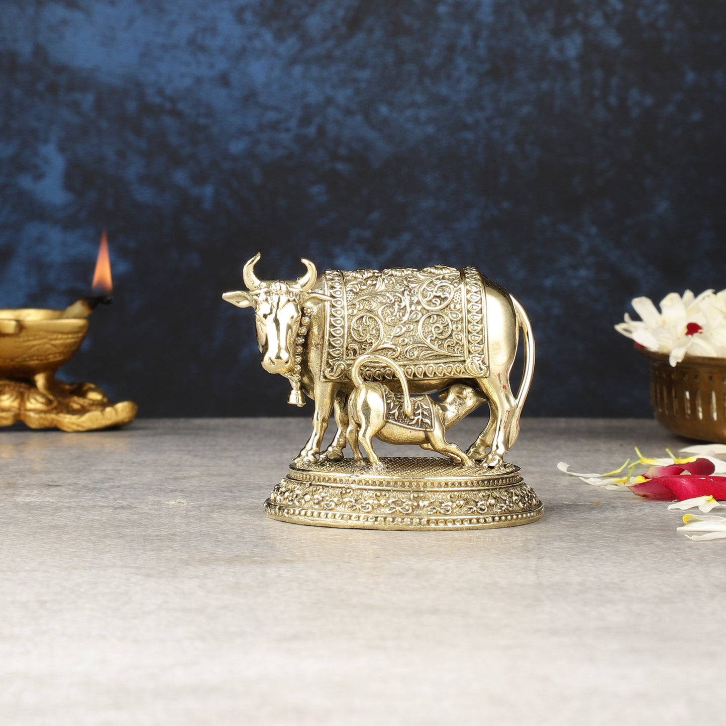 Intricate Brass Small Kamdhenu Cow with Calf Idol - 3-inch - Sama Homes Idol - Brass Sculpture