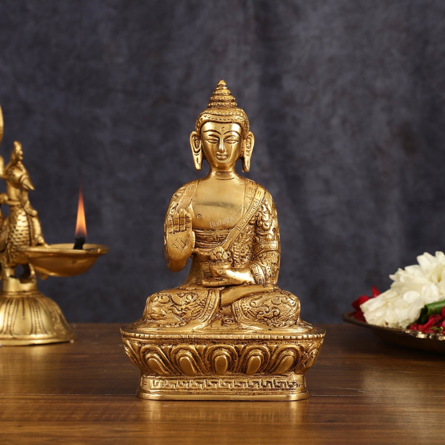 Finely Crafted Brass Blessing Buddha Statue - 7 Inch - Sama Homes Idol - Brass Sculpture