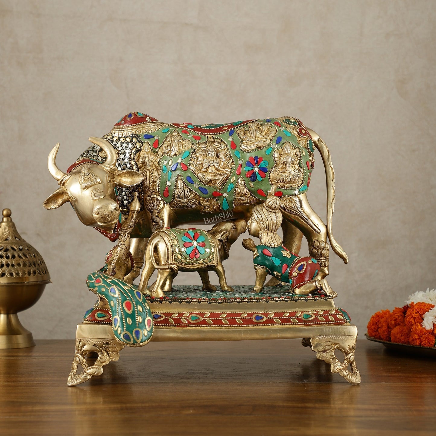 Kamadhenu Cow and Calf Brass Idol 14 inch with stonework - Sama Homes Idol - Brass Sculpture