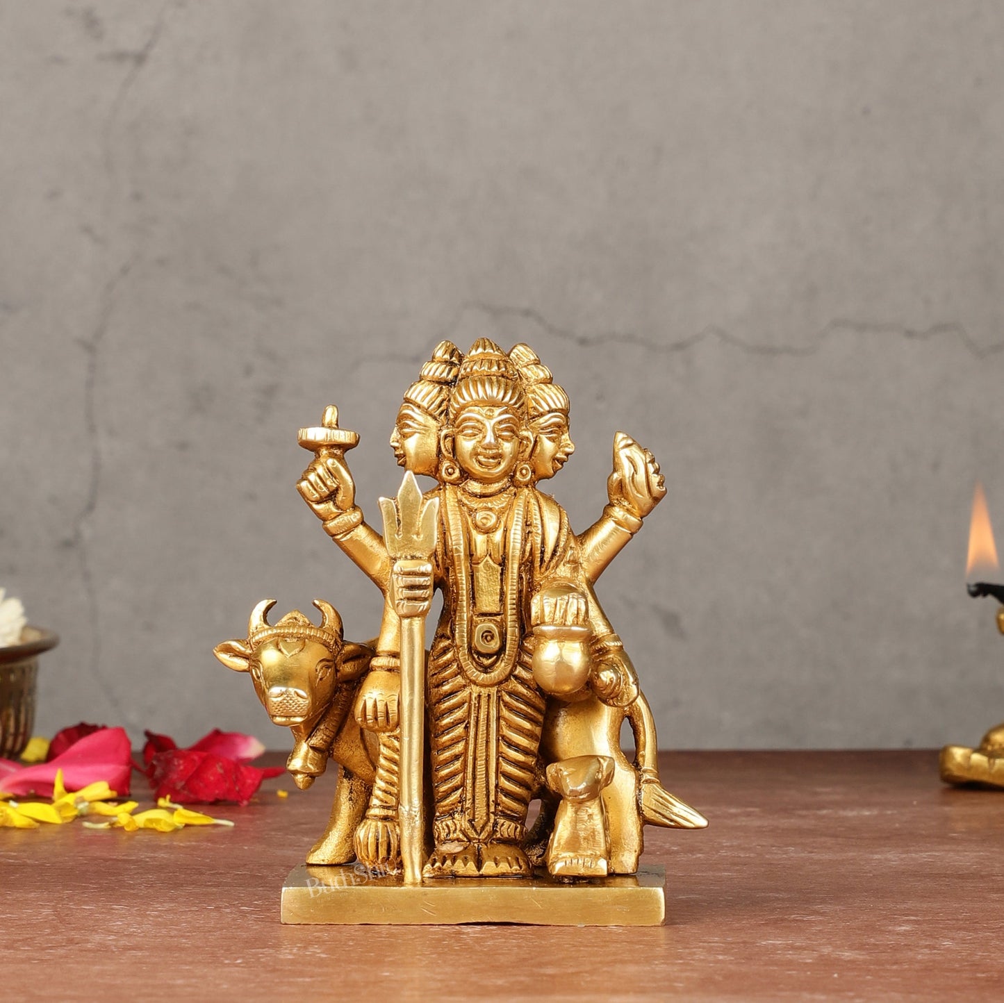 Pure Brass Small Dattatreya Guru Idol – 4.5 Inches - Sama Homes Idol - Brass Sculpture