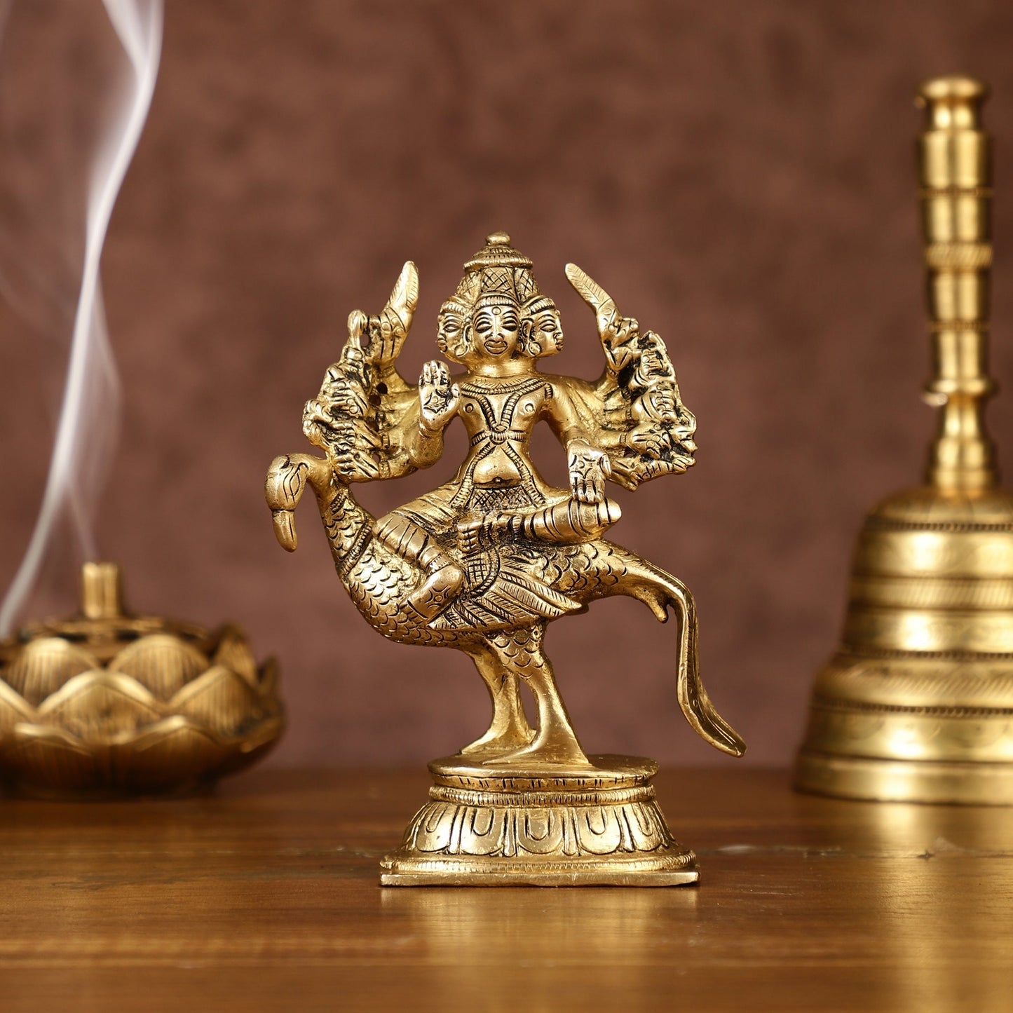 Pure Brass Shanmugar Murugan with 6 Heads Sitting on Peacock Small Idol - Sama Homes Idol - Brass Sculpture