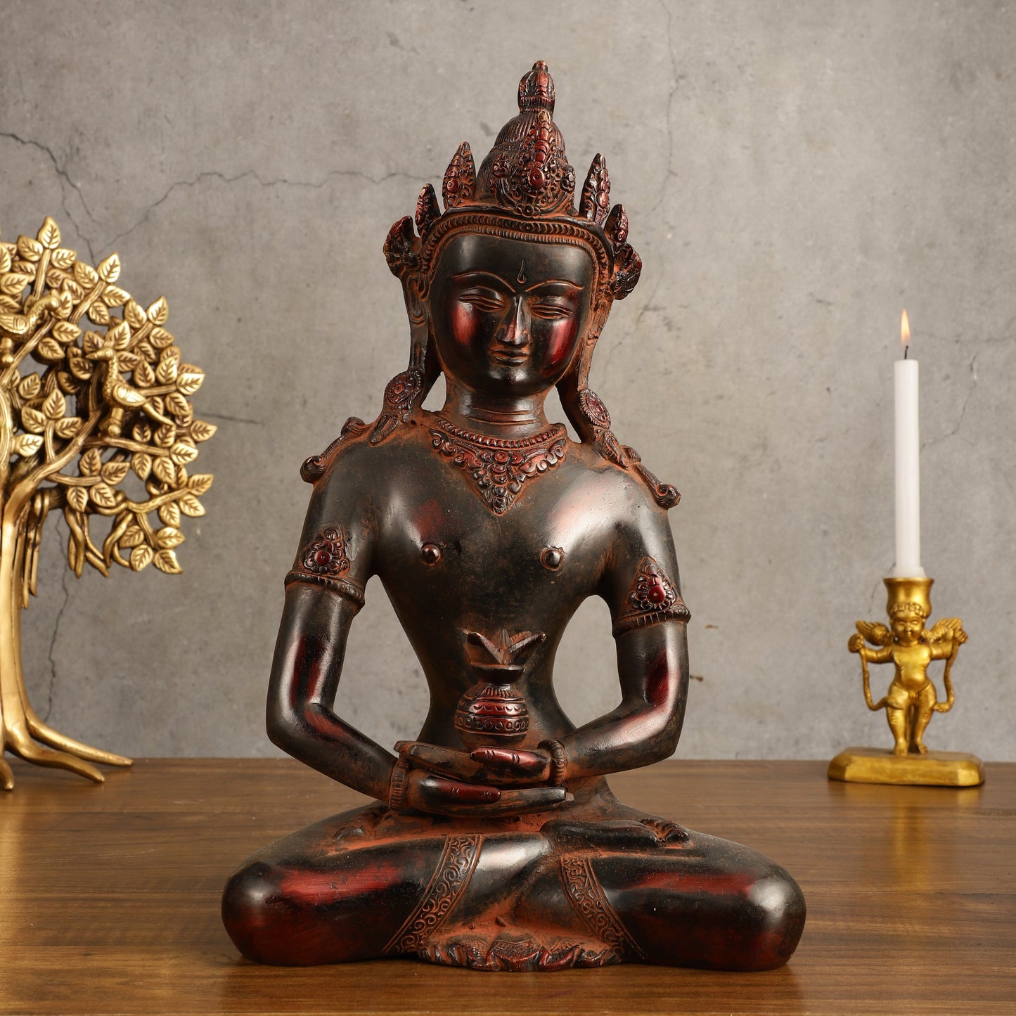 Pure Brass Meditating Buddha Statue - Antique Red Finish, 13" Height - Sama Homes Idol - Brass Sculpture