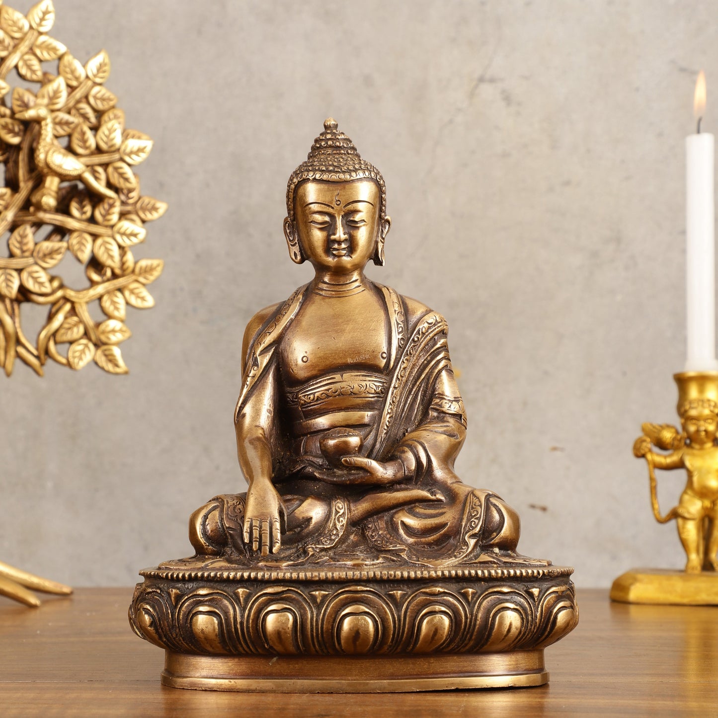 Pure Brass Buddha Statue - Antique burnt finish, 8" Height - Sama Homes Idol - Brass Sculpture