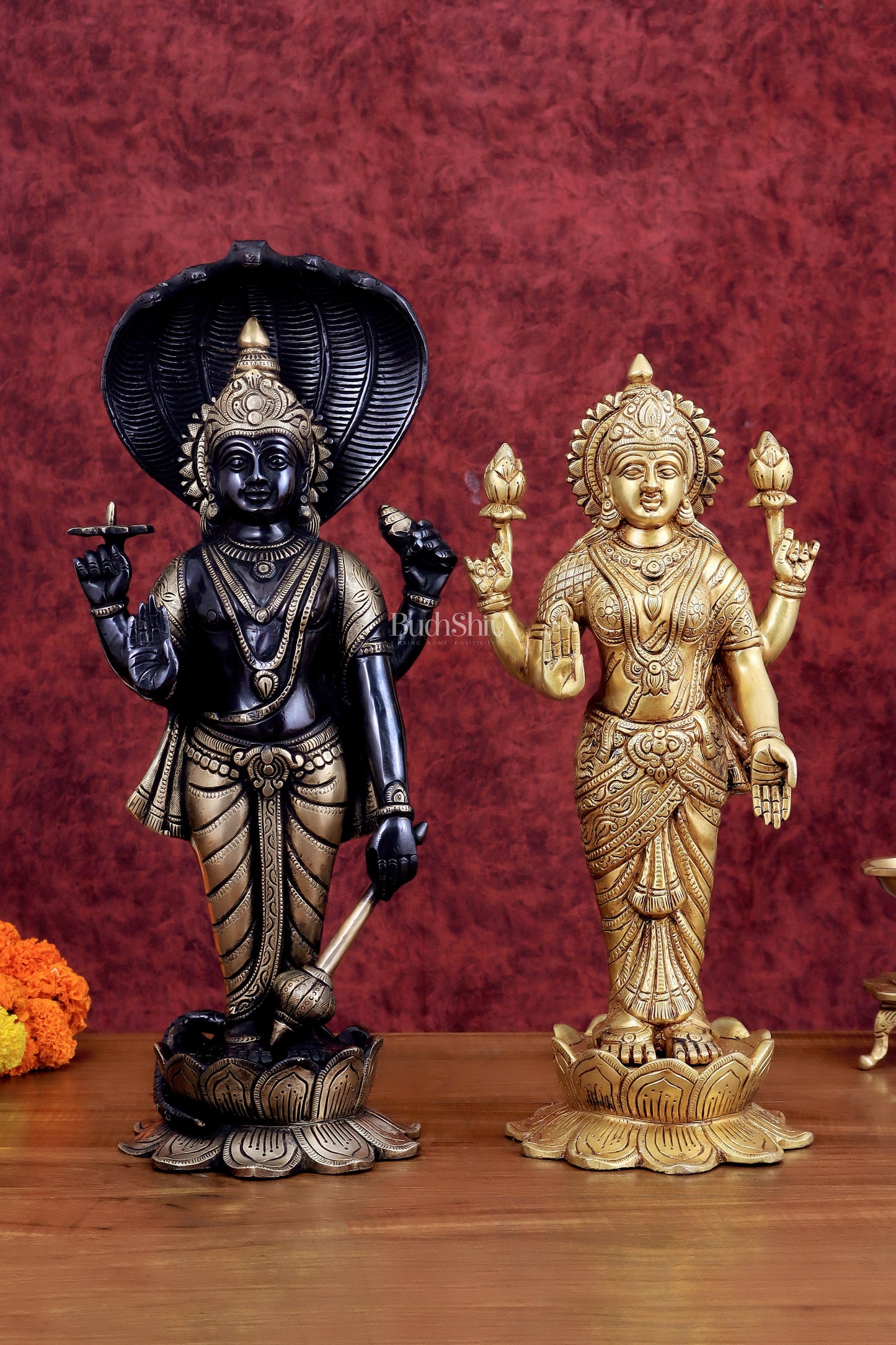 Exquisite Brass Vishnu and Lakshmi idol pair black and gold 18" - Sama Homes Idol - Brass Sculpture