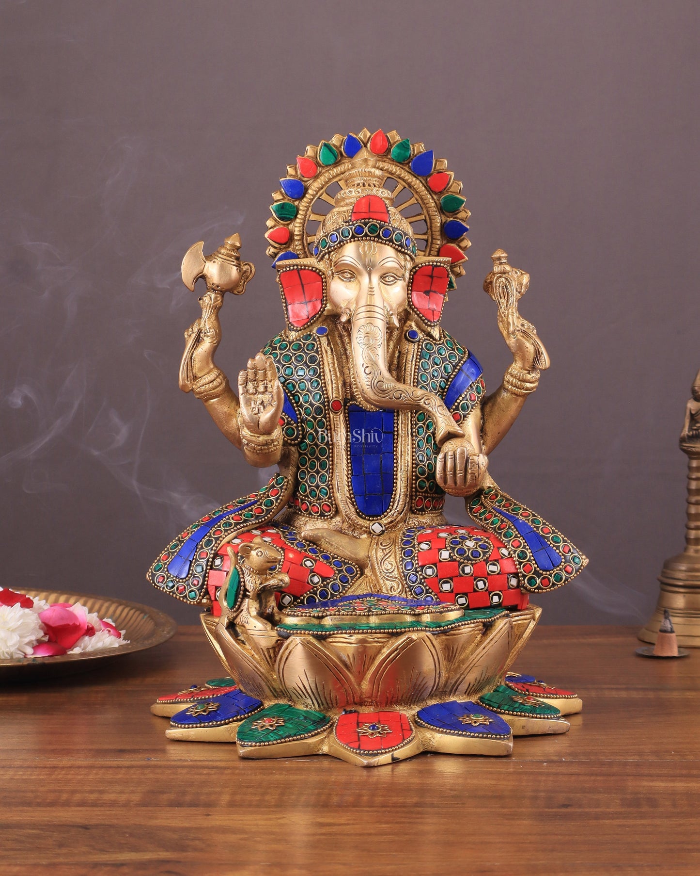 Pure Brass Lord Ganesha on Lotus statue | 11 Inch meenakari - Sama Homes Idol - Brass Sculpture