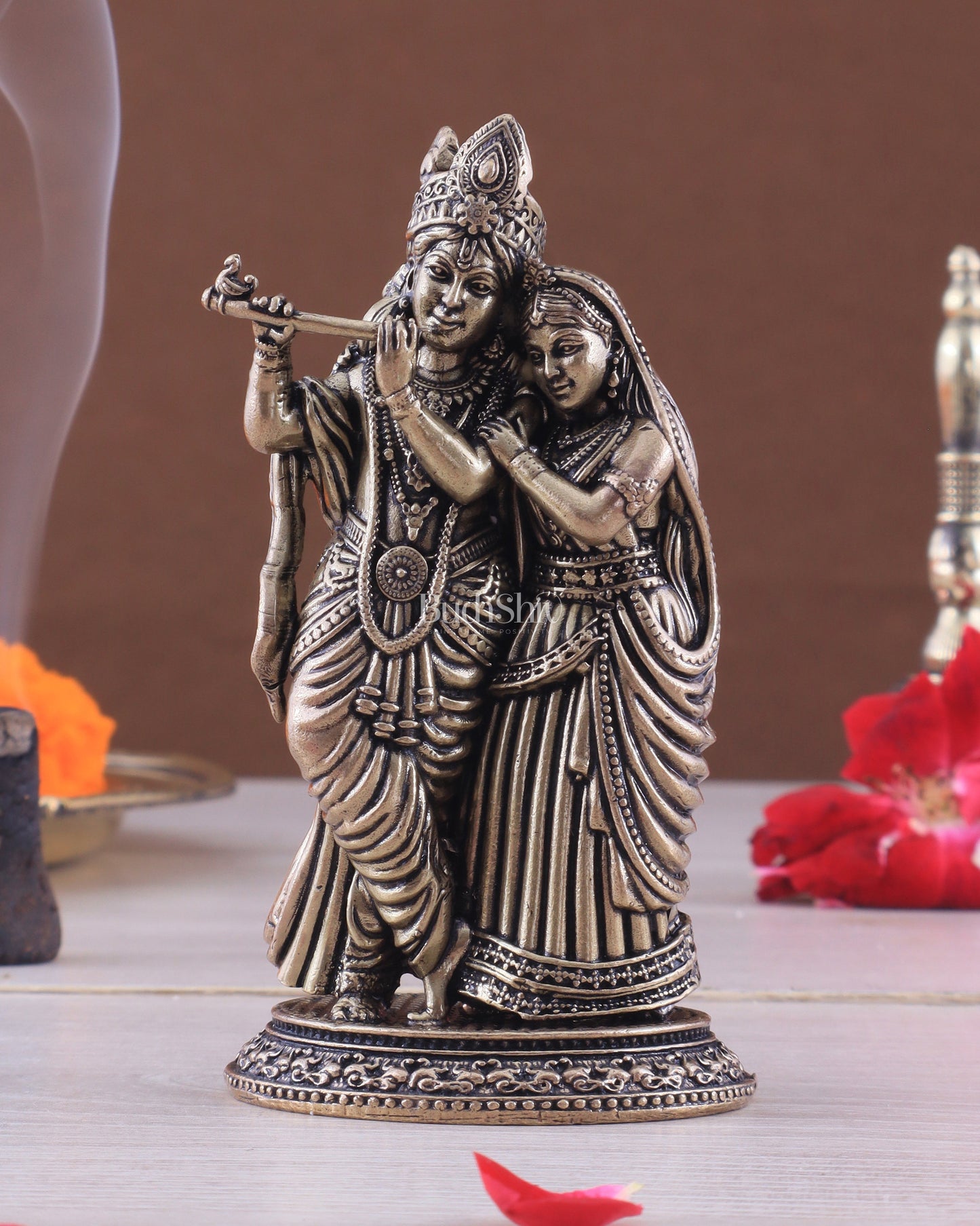 Brass Superfine Radha Krishna Together Idols – Intricately Carved 4" - Sama Homes Idol - Brass Sculpture