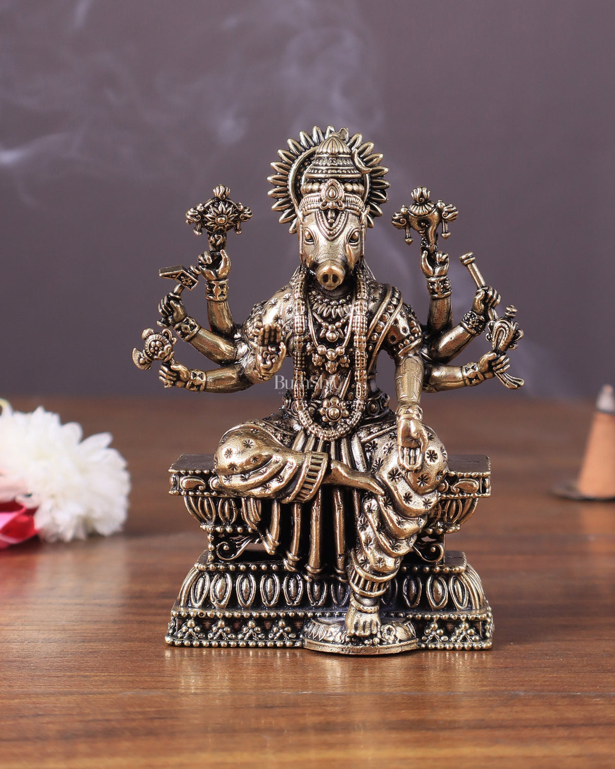 Intricate Hollow-Cast Goddess Varahi Superfine Brass Idol – 4" Tall - Sama Homes Idol - Brass Sculpture