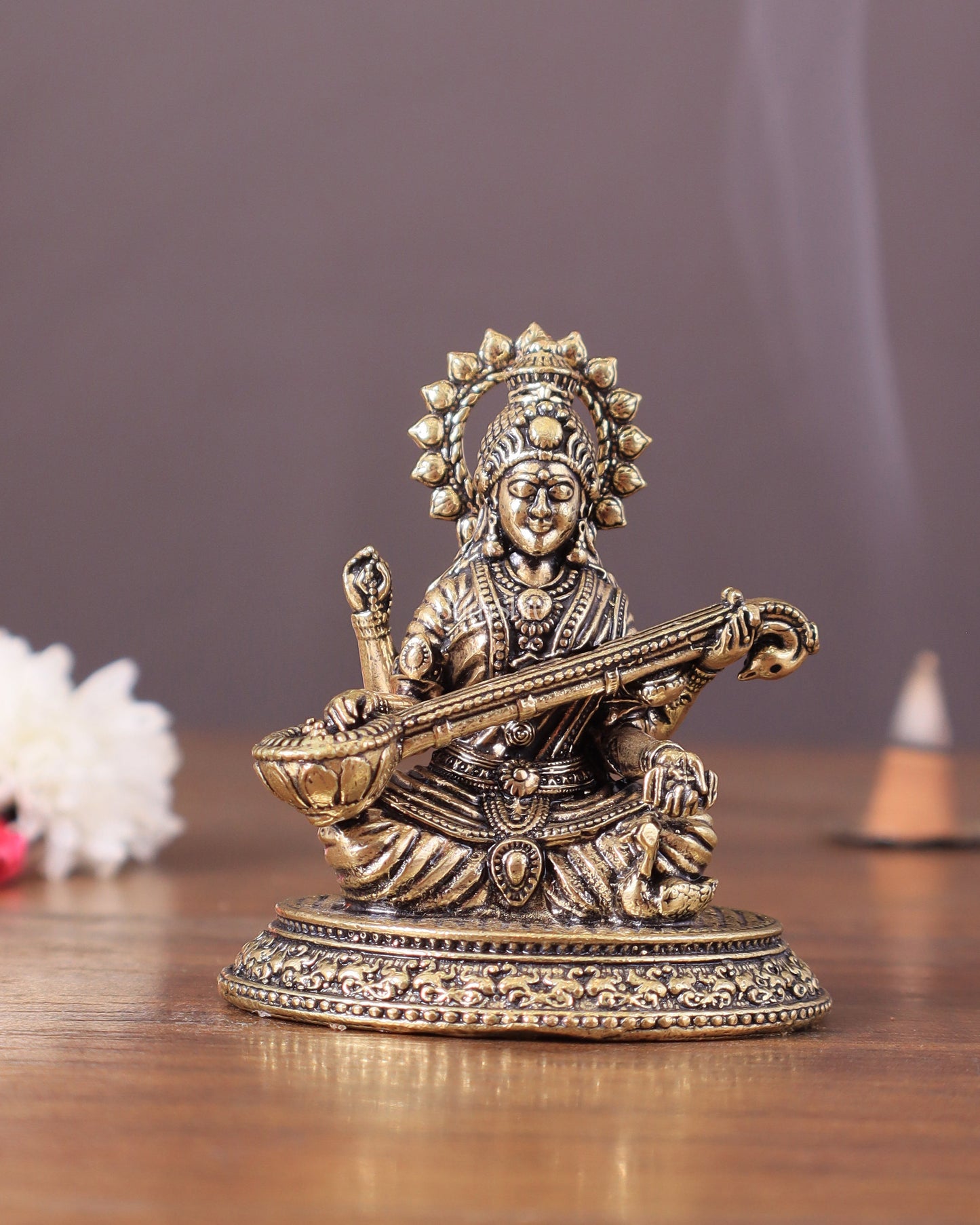 Pure Brass superfine Saraswati Idol 3" - Sama Homes Idol - Brass Sculpture
