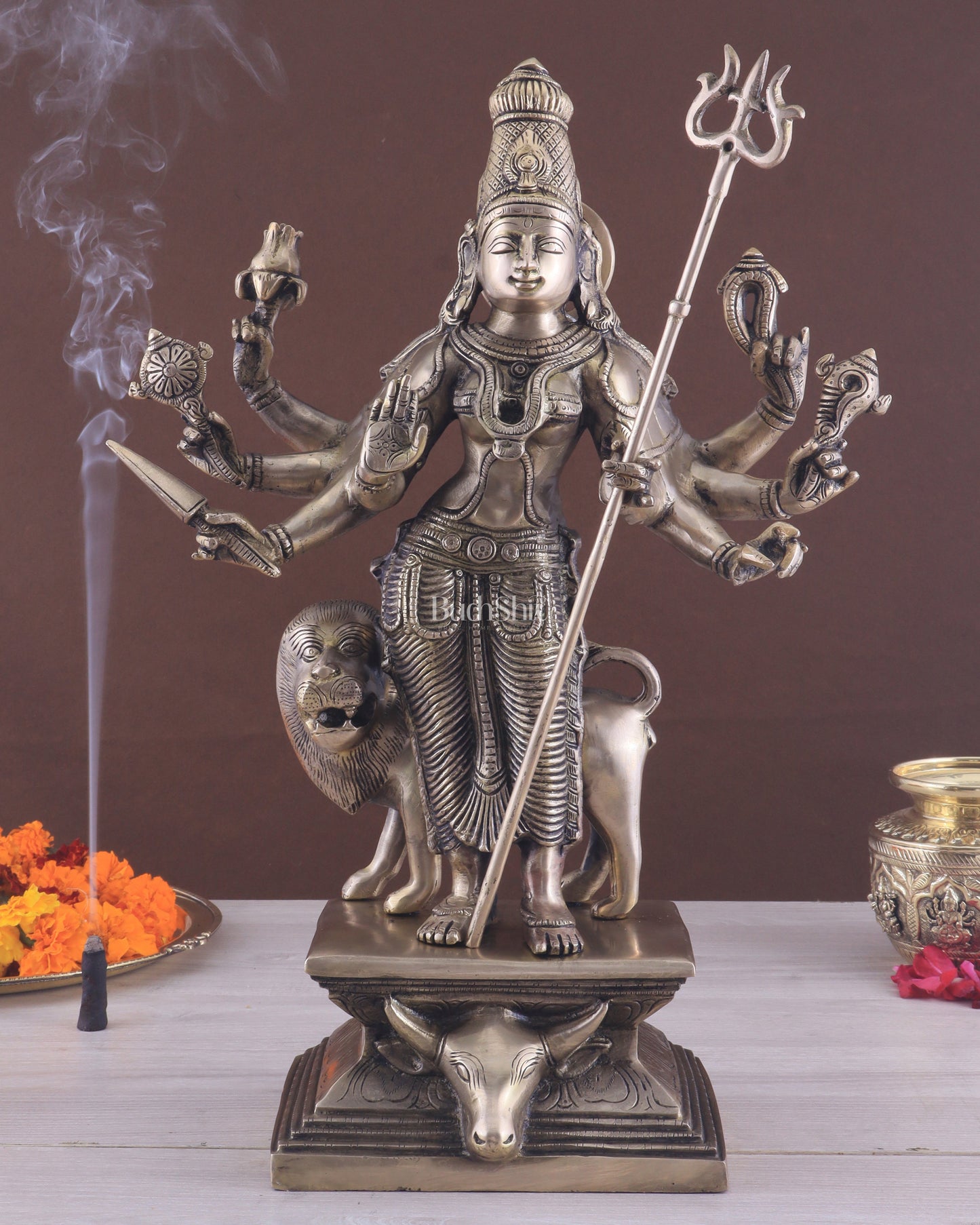 Standing Durga Brass idol with 8 arms and lion 18 inch - Sama Homes Idol - Brass Sculpture