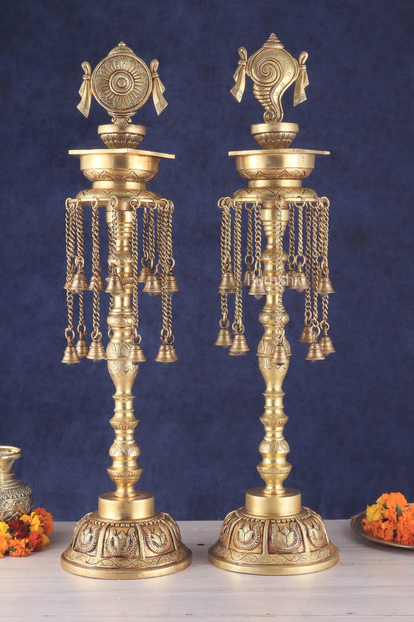 Sacred Superfine Brass Shankh Chakra Oil Lamps 30 inch - Sama Homes Idol - Brass Sculpture