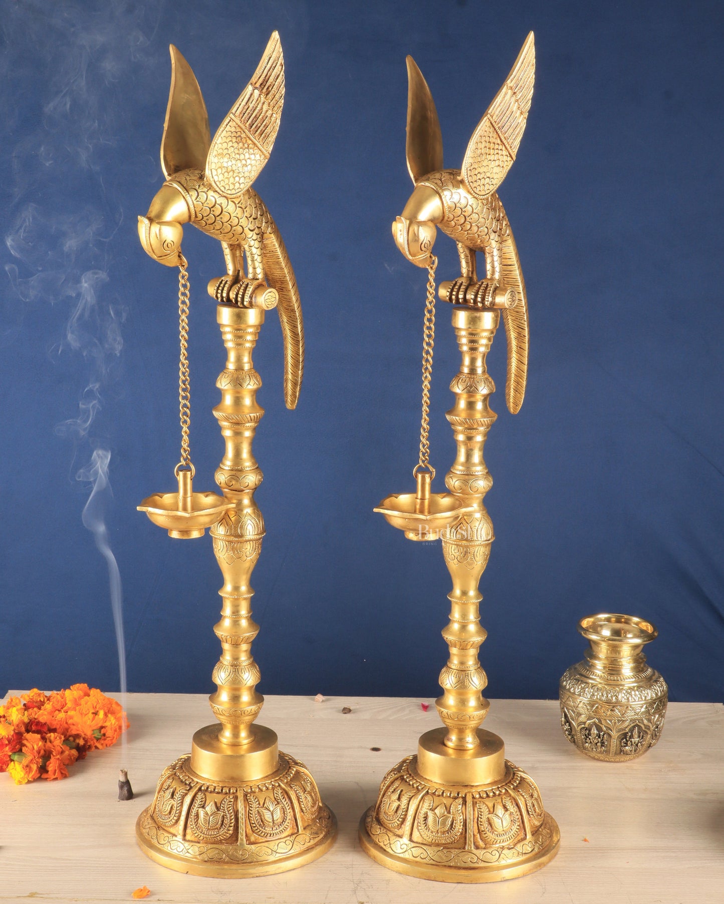Handcrafted Pure Brass Superfine Large Parrot Lamp Vilakku (Pair) â Sama Homes