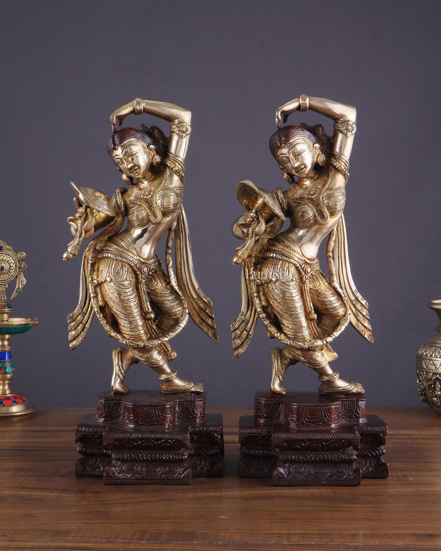 Unique Brass Apsara Applying Sindoor – Double Chola Tone (Pair) 14" - Sama Homes Idol - Brass Sculpture