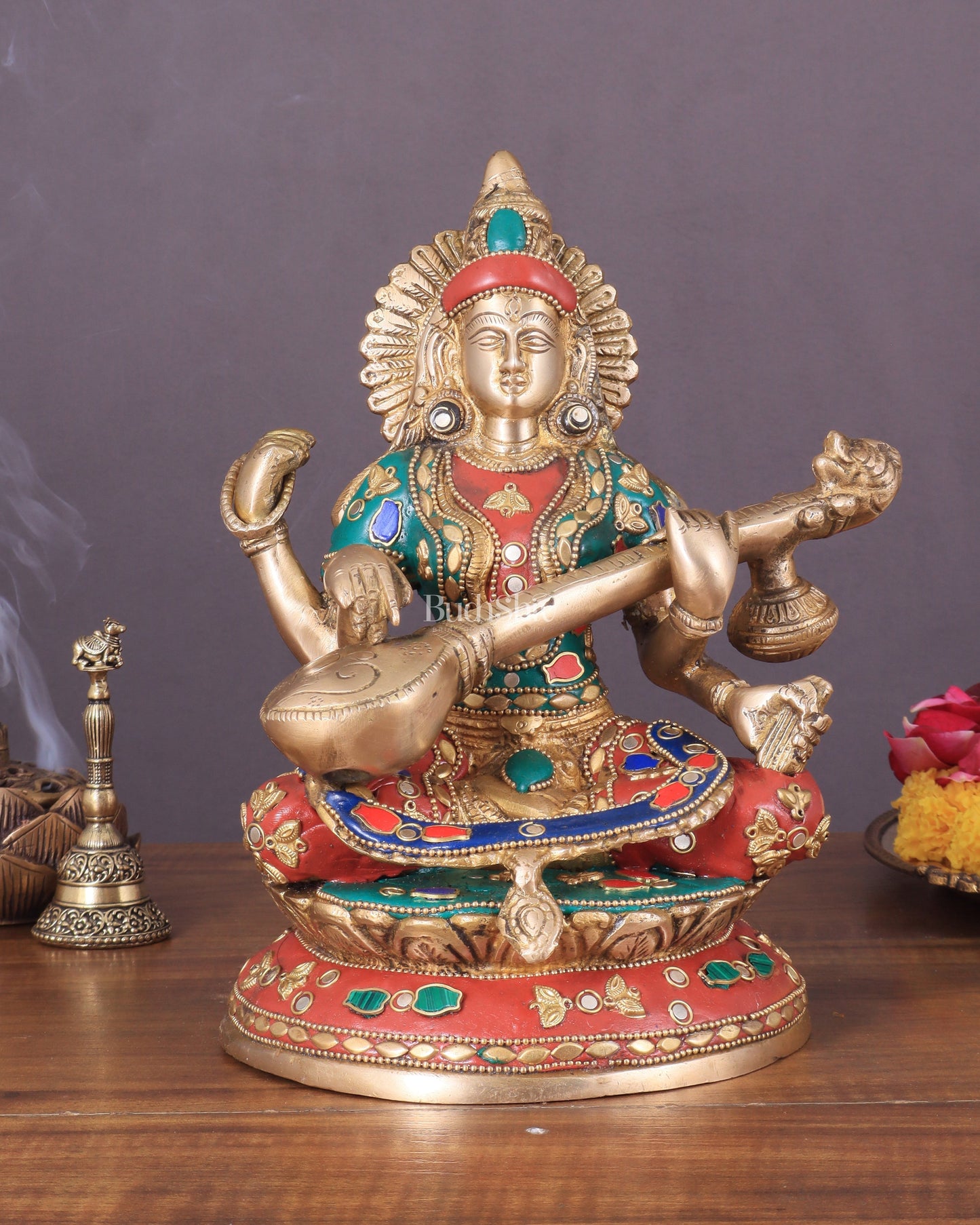 Brass Saraswati Statue With unique stonework 9" | 100% Certified Copper & Brass - Sama Homes Idol - Brass Sculpture