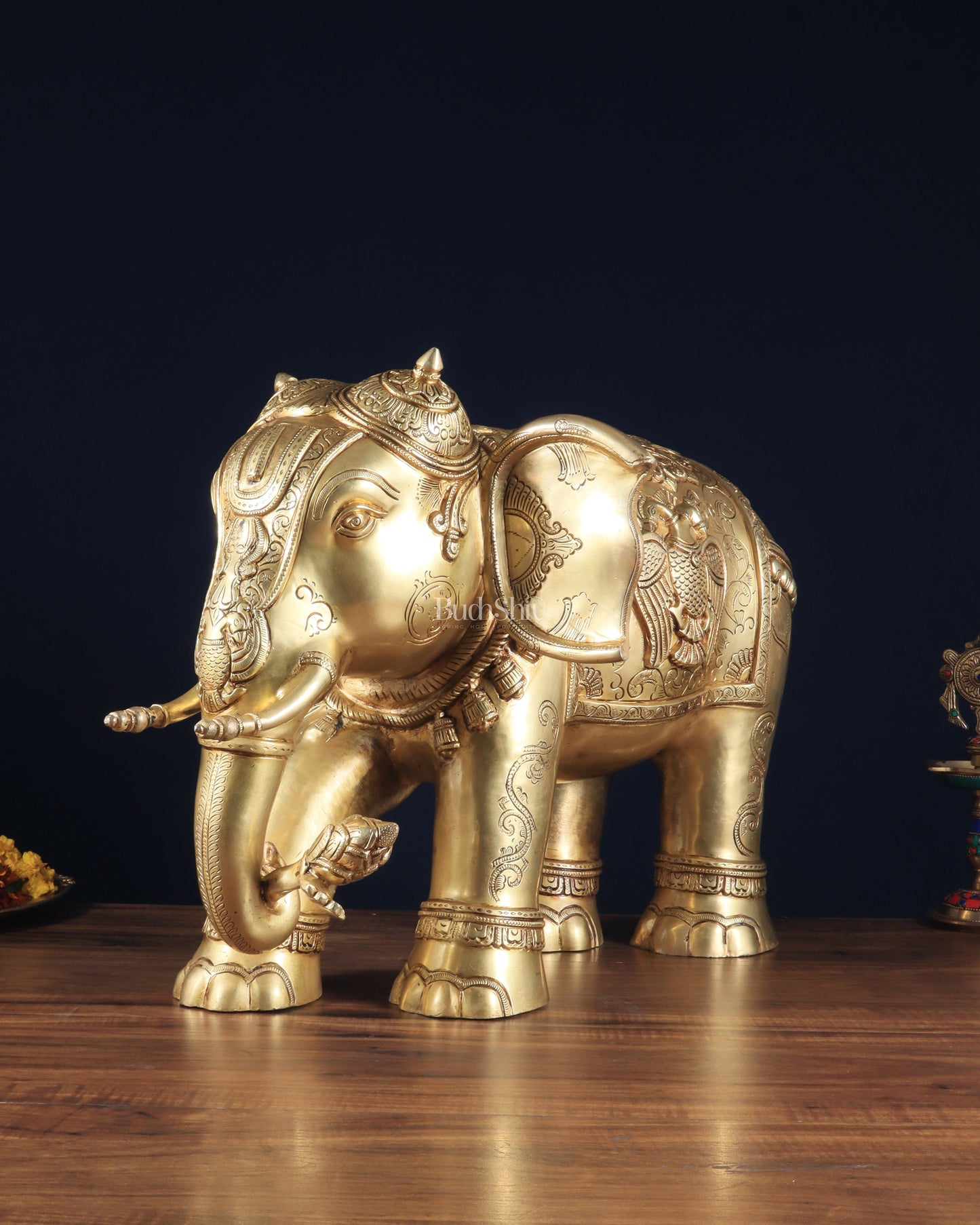 Pure Brass Large Elephant Statue with Enhanced Carvings 26" - Sama Homes Idol - Brass Sculpture
