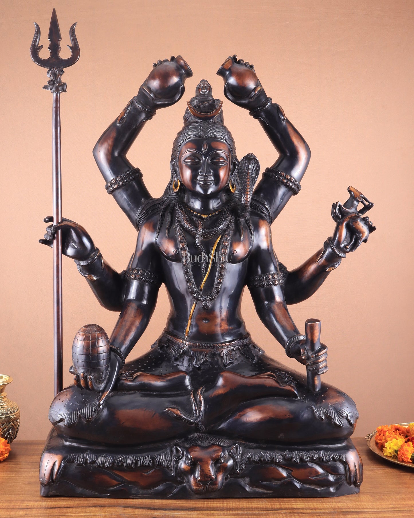 Shiva Statue with six arms | Superfine Brass 30 inch - Sama Homes Idol - Brass Sculpture