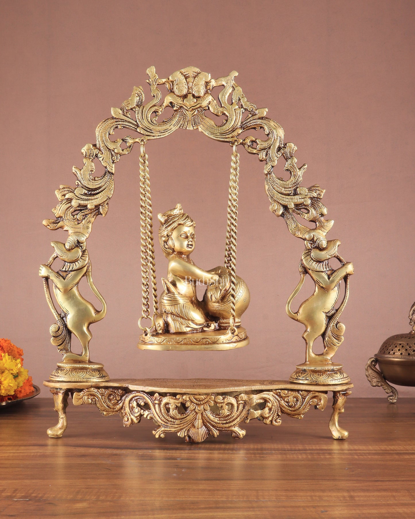 Pure Brass Baby Krishna as Bal Gopal Makhan Chor on an Elegant Kirtimukha Swing 18" - Sama Homes Idol - Brass Sculpture