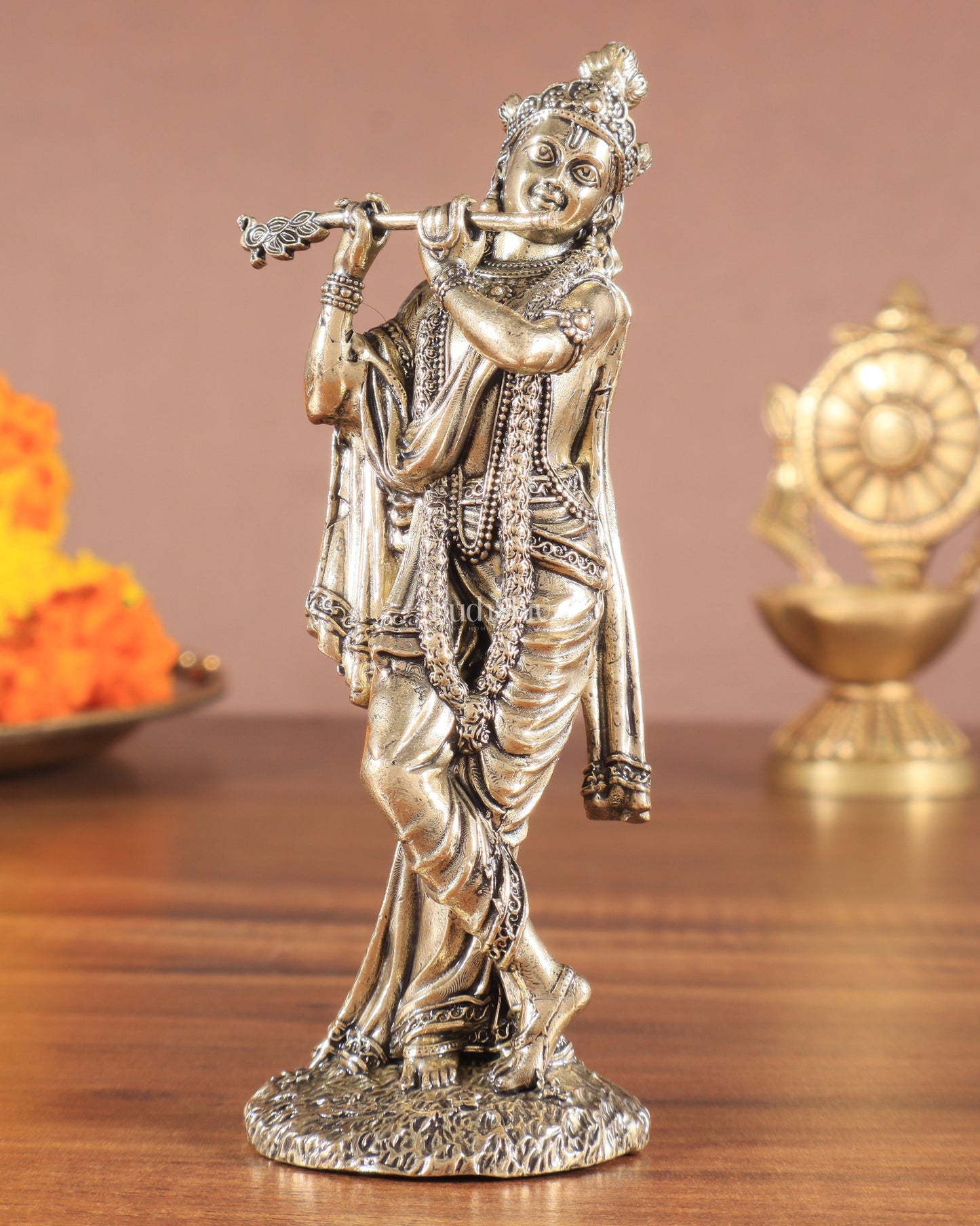 Brass Intricate Lord Krishna Superfine Statue 5 inches (12.7 cm) | 100% Certified Copper & Brass - Sama Homes Idol - Brass Sculpture