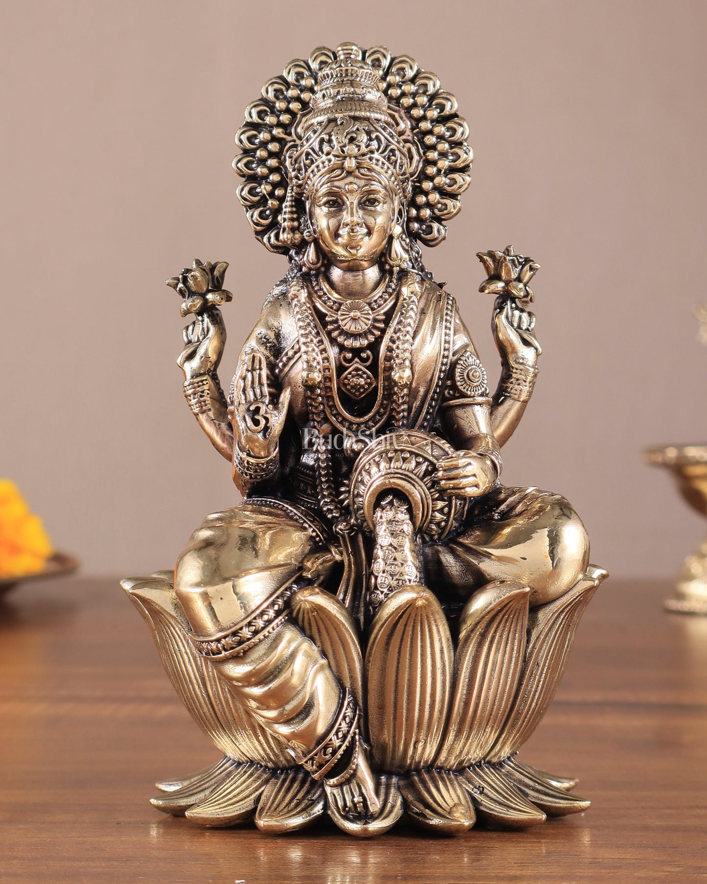 Brass Superfine Lakshmi Idol - 6 Inch lotus base - Sama Homes Idol - Brass Sculpture
