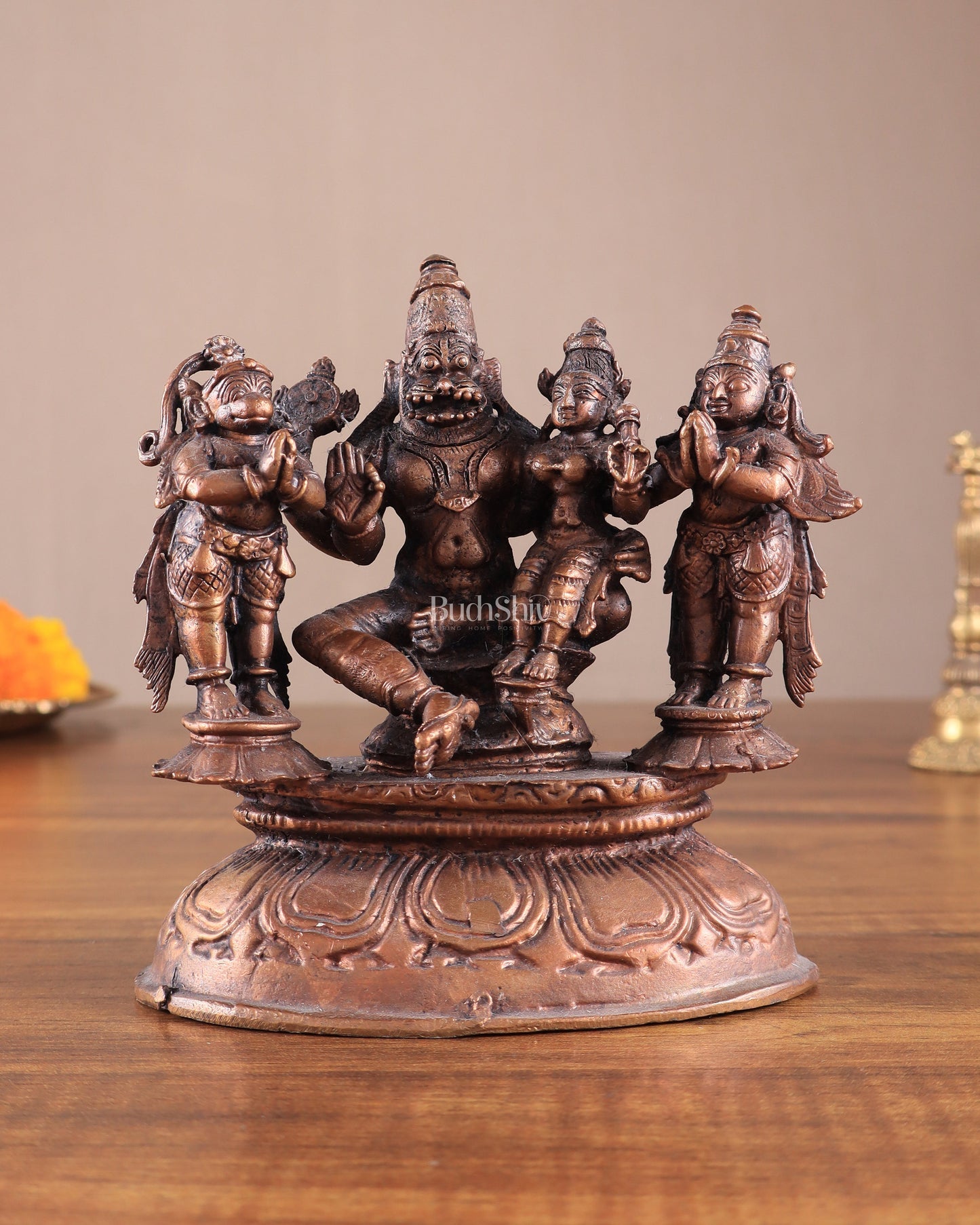 Pure Copper Lakshmi Narasimha Idol with Sheshanaag, Hanuman & Garuda – 6 Inch - Sama Homes Idol - Brass Sculpture