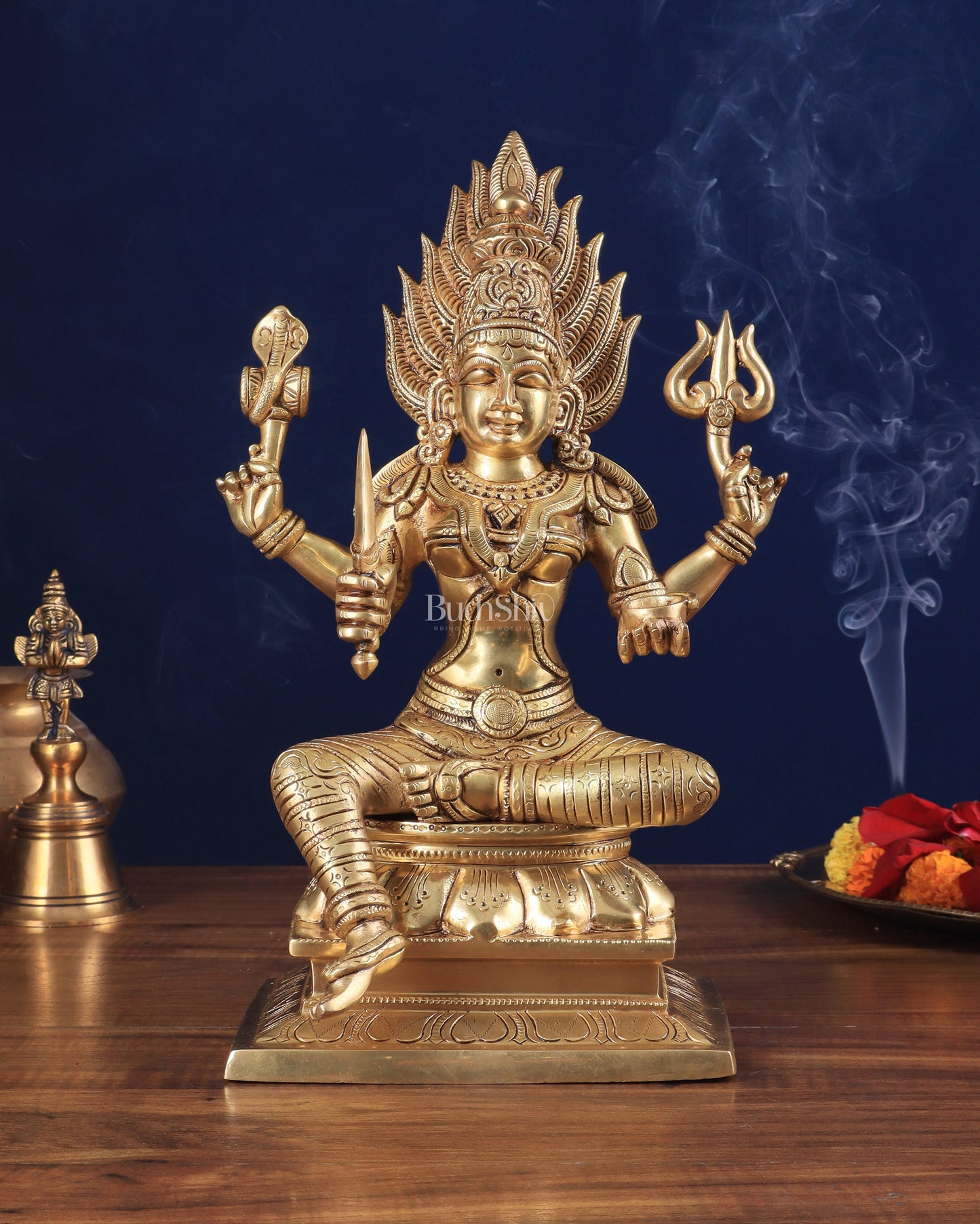 Pure Brass Goddess Mariamman angalamman Statue 13" - Sama Homes Idol - Brass Sculpture