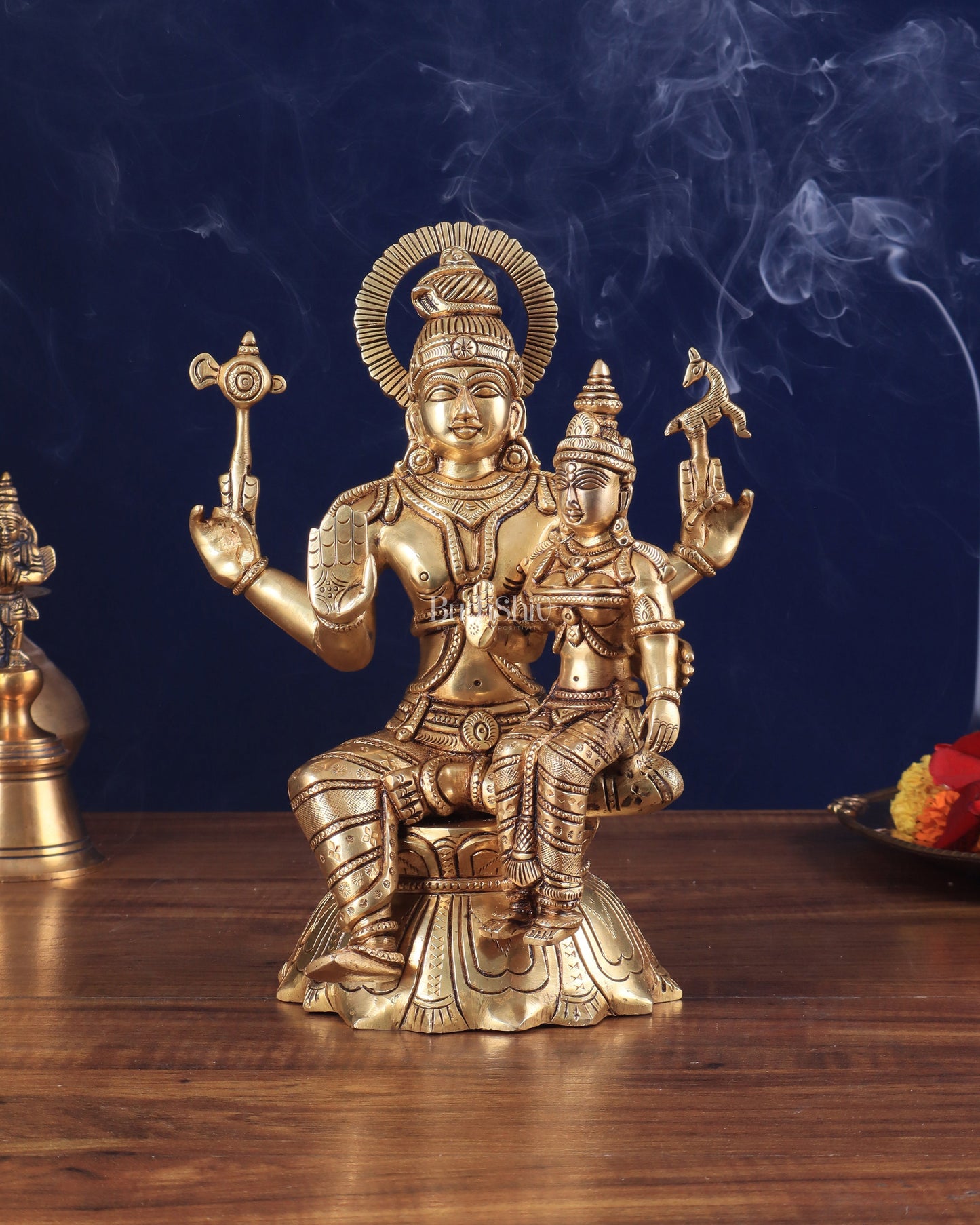 Brass Superfine Lord Shiva and Parvati Seated Statue 10" - Sama Homes Idol - Brass Sculpture