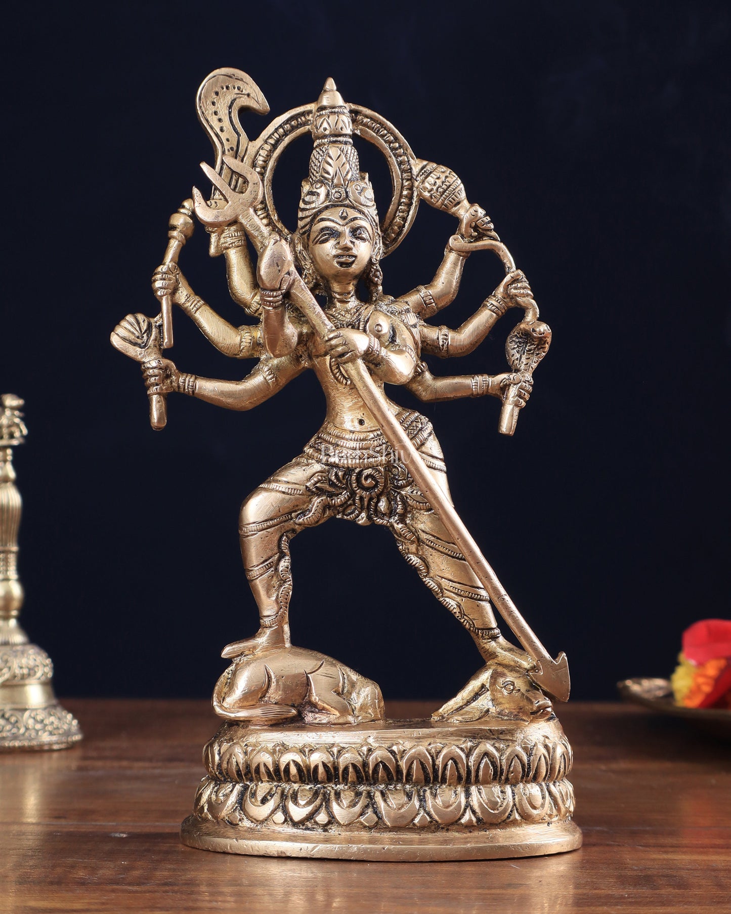 Pure Brass Mahishasur Mardini Durga Idol 8" - Sama Homes Idol - Brass Sculpture