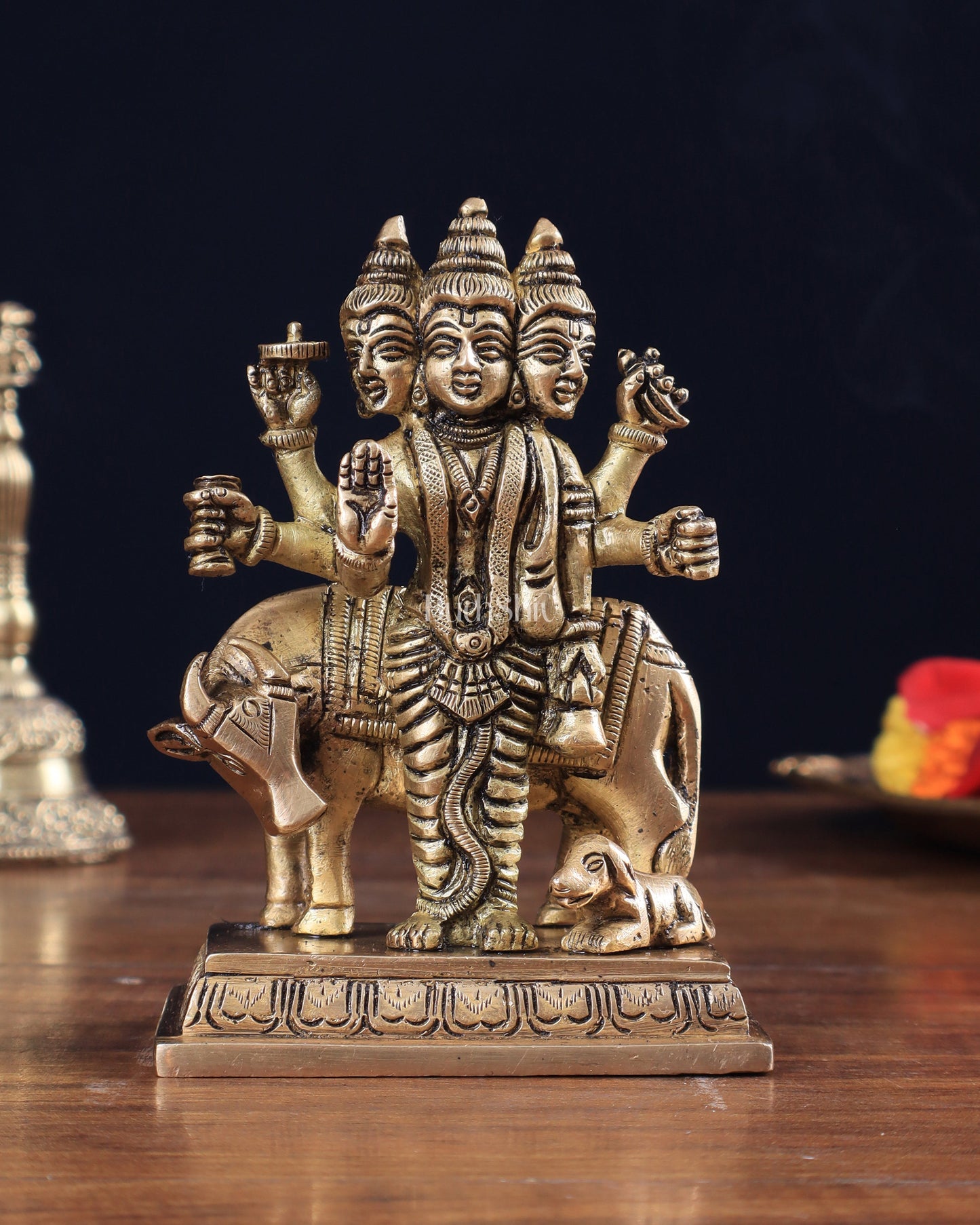 Brass Dattatreya with Dog Idol | 100% Certified Copper & Brass - Sama Homes Idol - Brass Sculpture