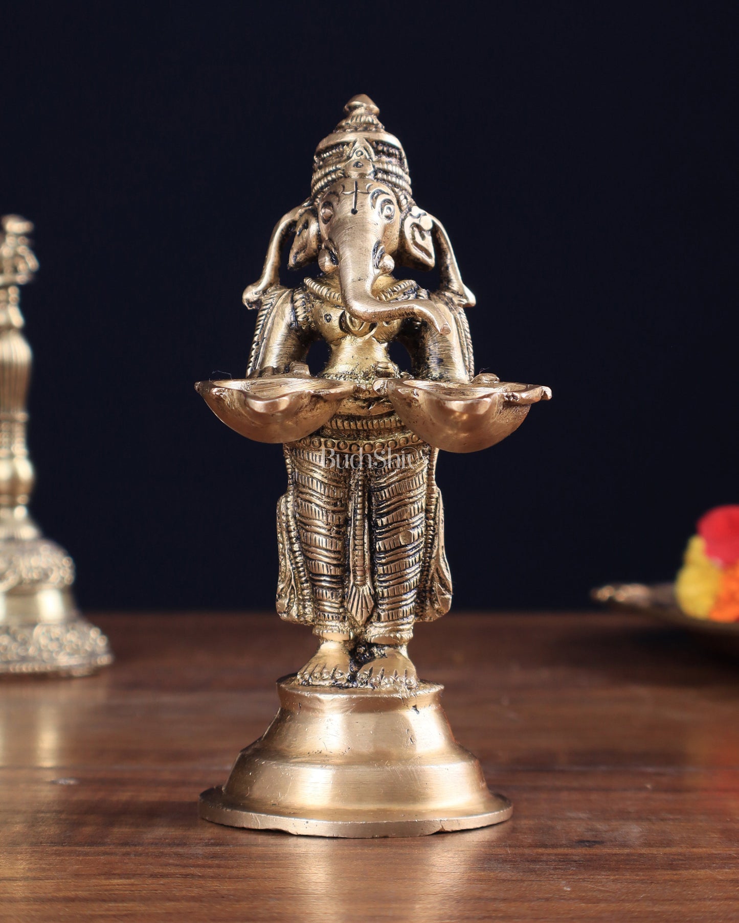 Pure Brass Lord Ganesha Holding Two Diyas small 5.5" - Sama Homes Idol - Brass Sculpture