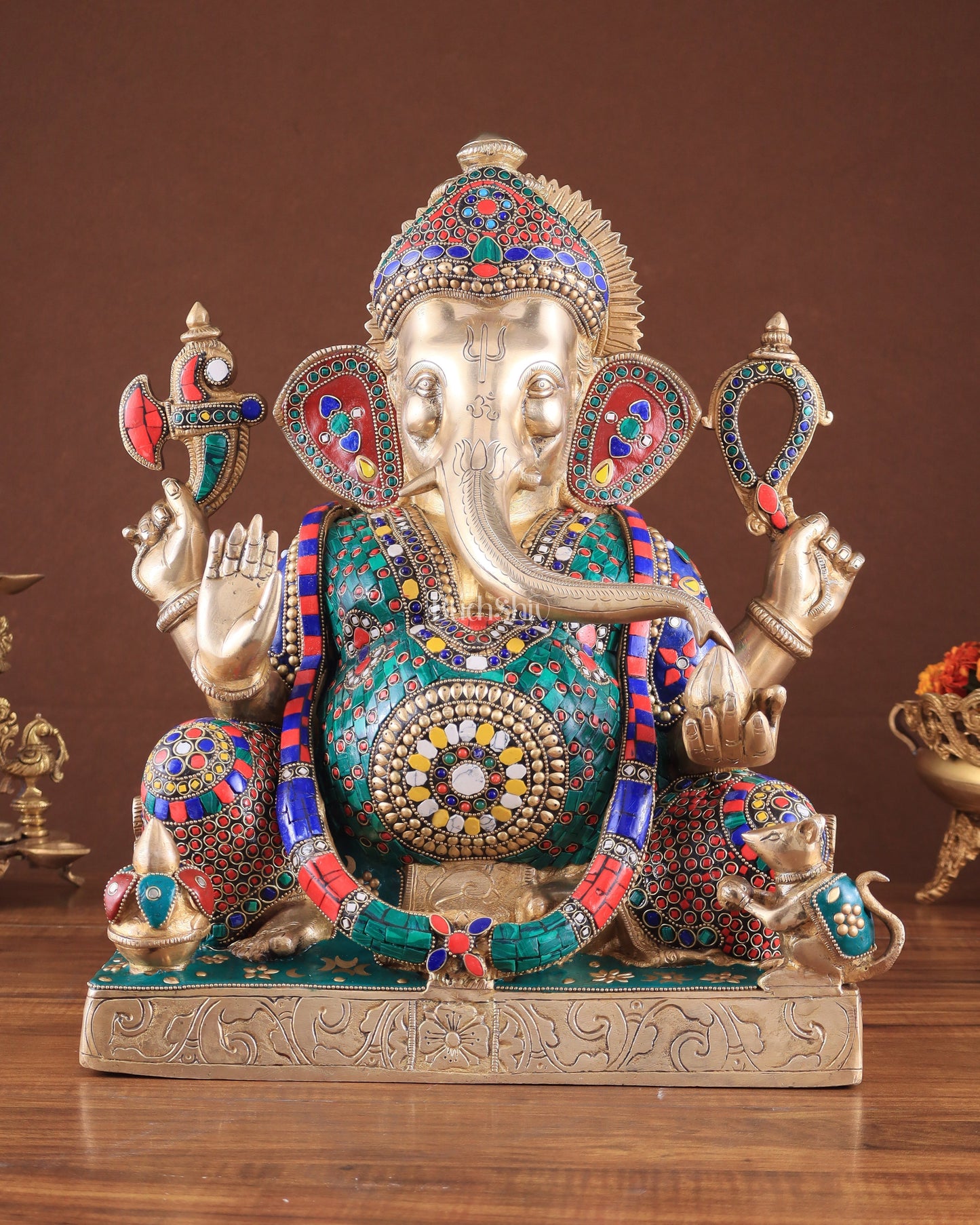 Brass Large 18-Inch Lord Ganesha Statue with Meenakari Stonework | 100% Certified Copper & Brass - Sama Homes Idol - Brass Sculpture