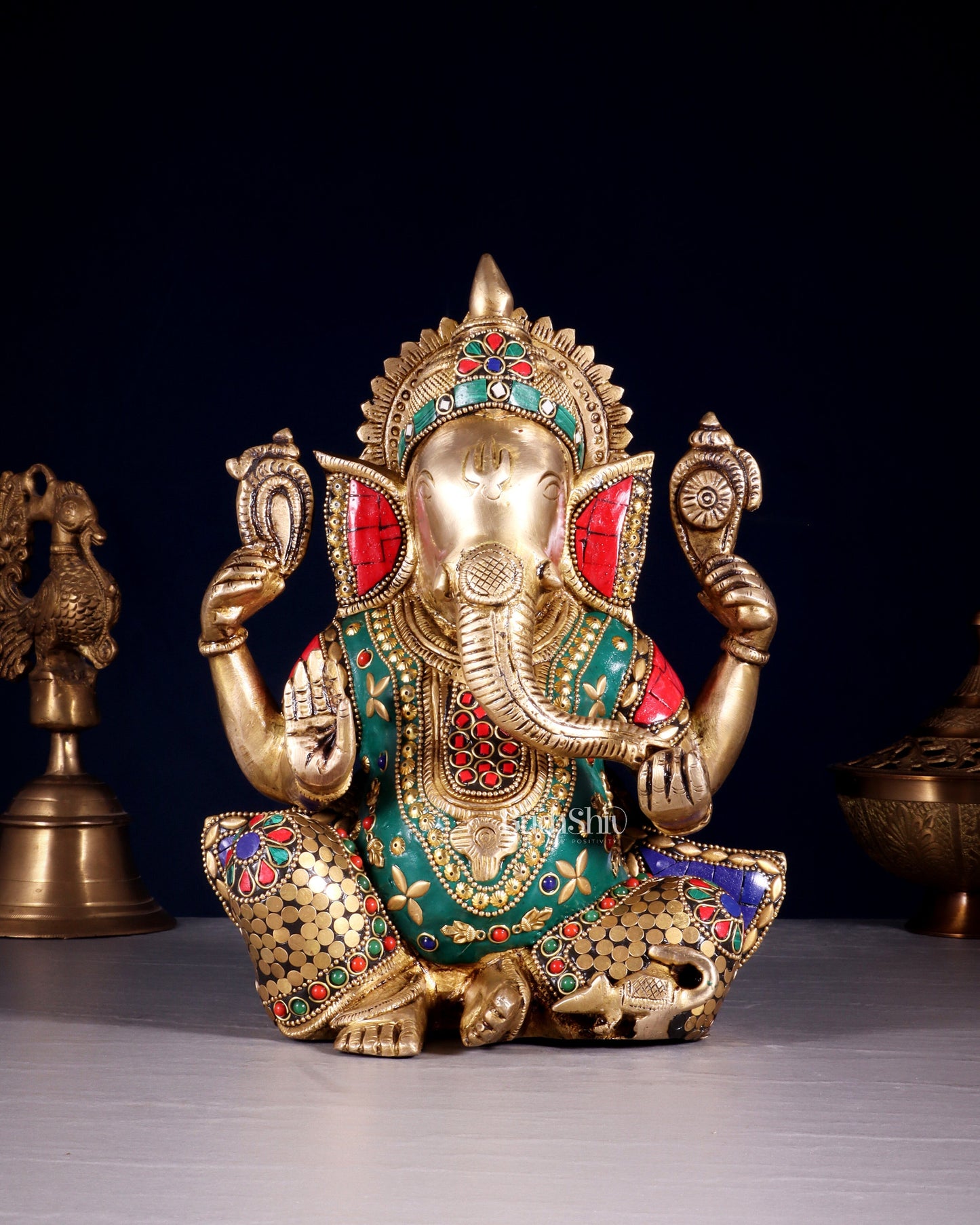Unique Brass Lord Ganesha multicolour Statue - 9.5 Inch - Sama Homes Idol - Brass Sculpture