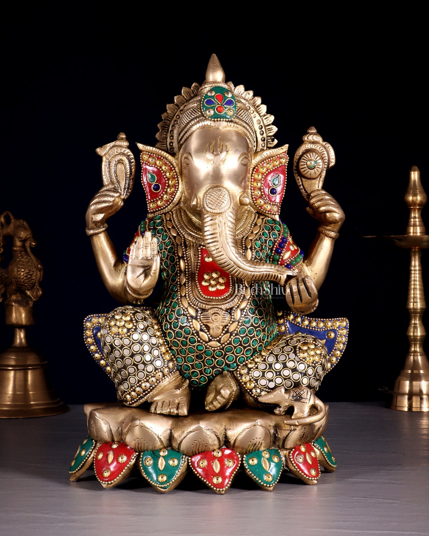 Unique Brass Lord Ganesha multicolour Statue - 11.5 Inch - Sama Homes Idol - Brass Sculpture