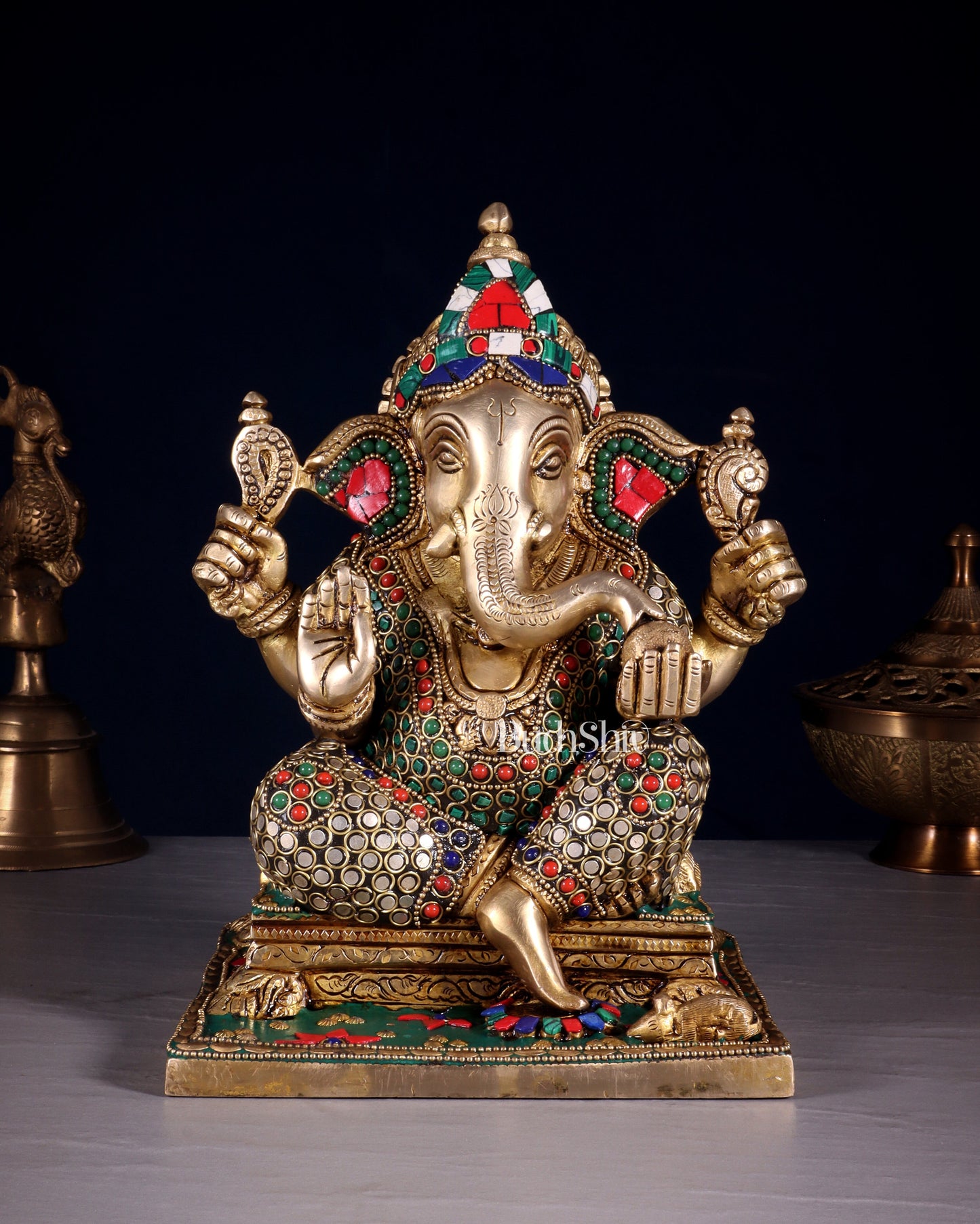 Ganesha Brass statue stonework 9.5 inch - Sama Homes Idol - Brass Sculpture